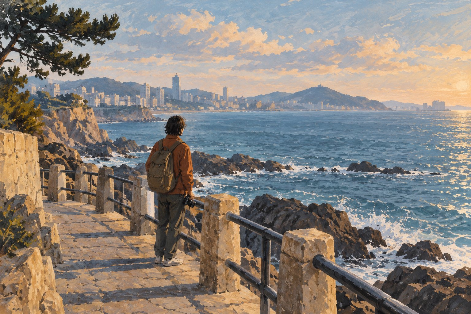 海滨步道上,一名手持相机的旅人面向海面与远处城市的横版情境插画