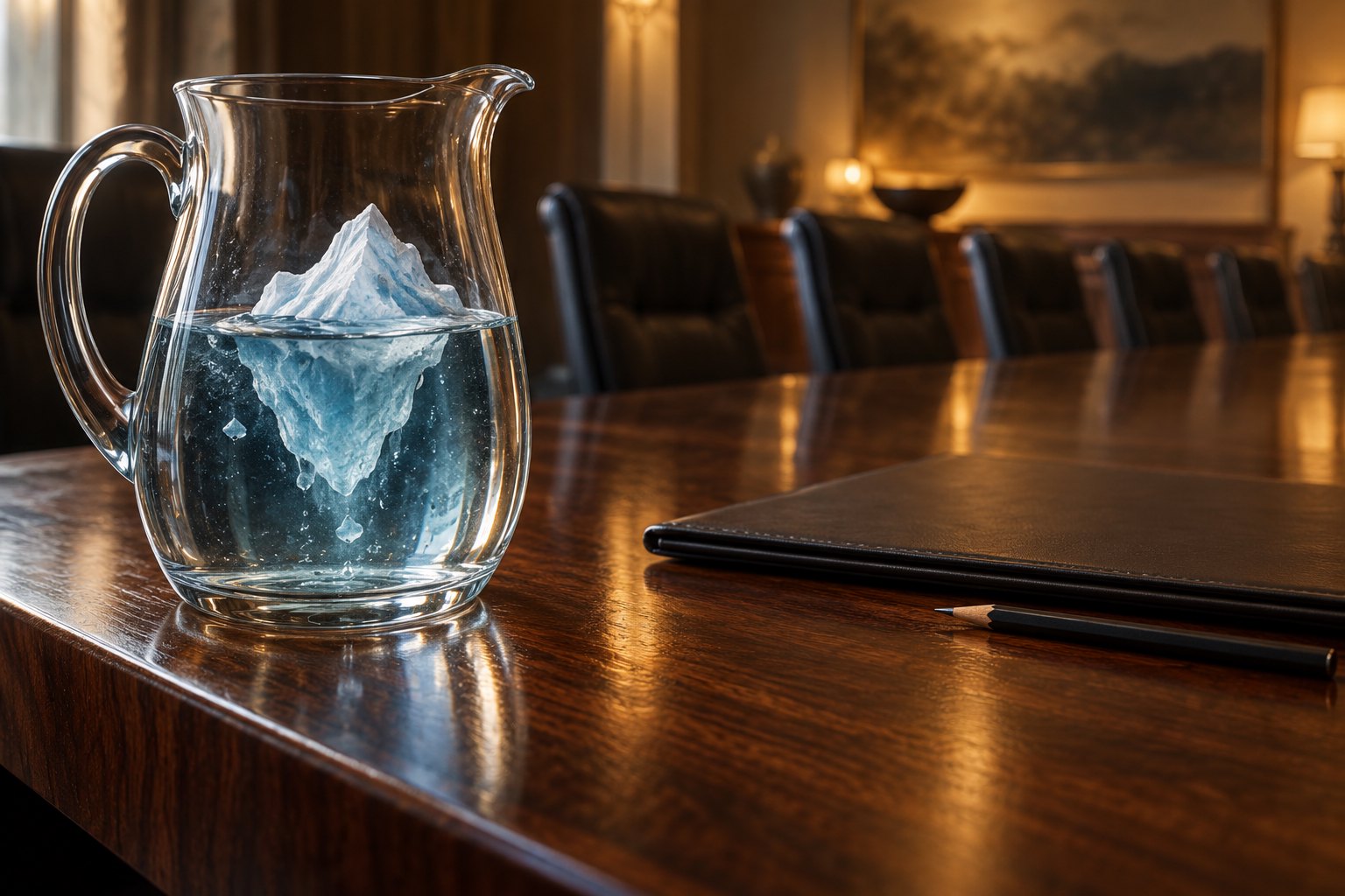 Conceptual illustration of a miniature iceberg melting inside a glass pitcher beside a folder on a conference table.