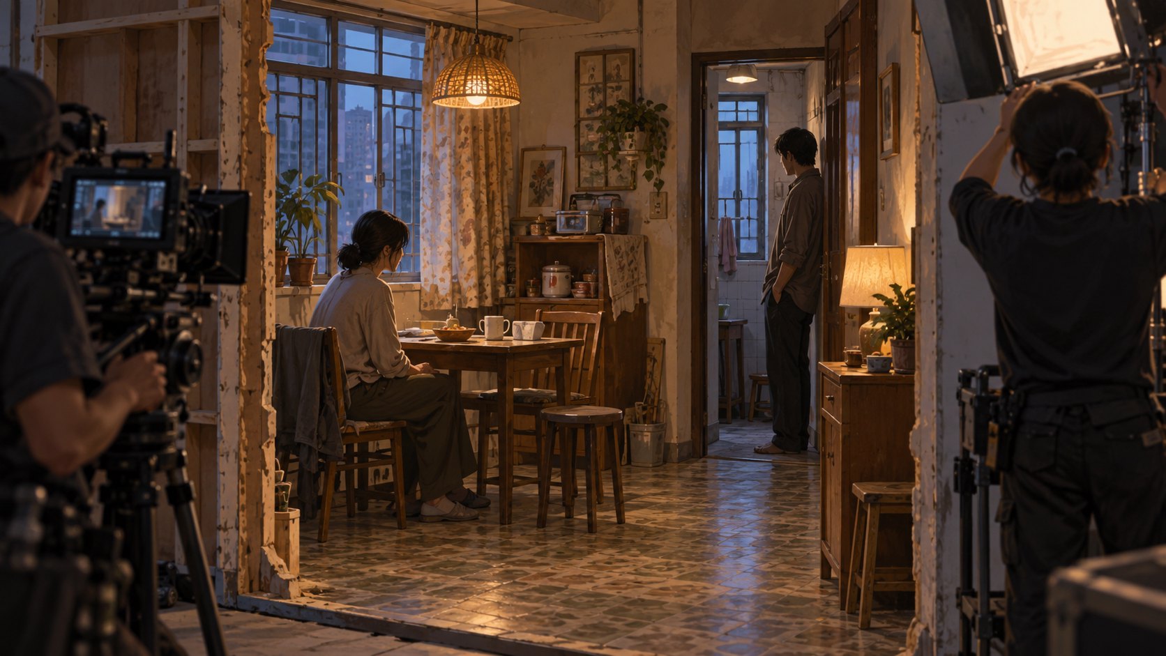 住宅片場的概念示意,演員分處餐桌與門邊,工作人員在開放的佈景外調整燈光