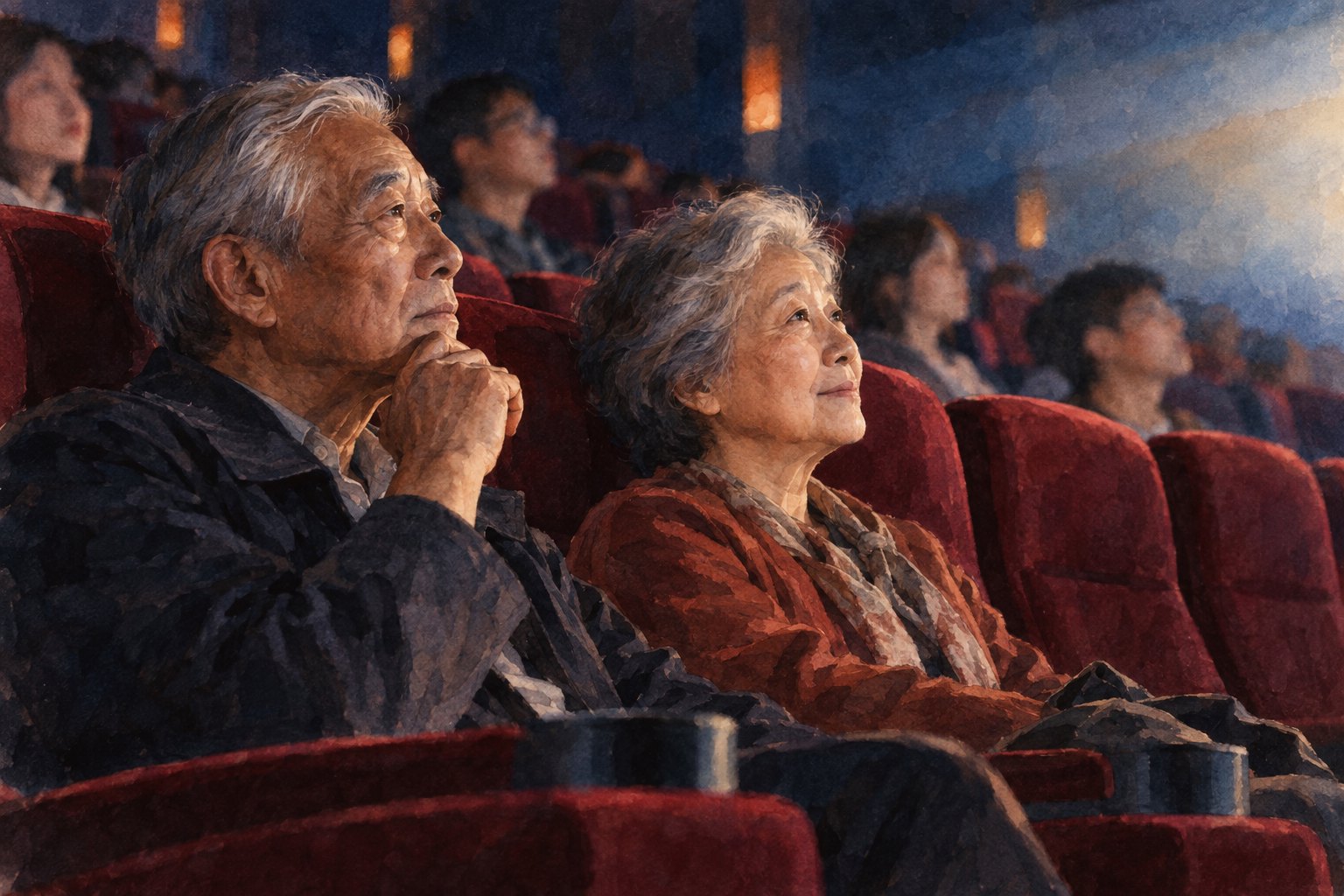原创插画：两位银发观众坐在暗红色影院座椅中，专注望向银幕
