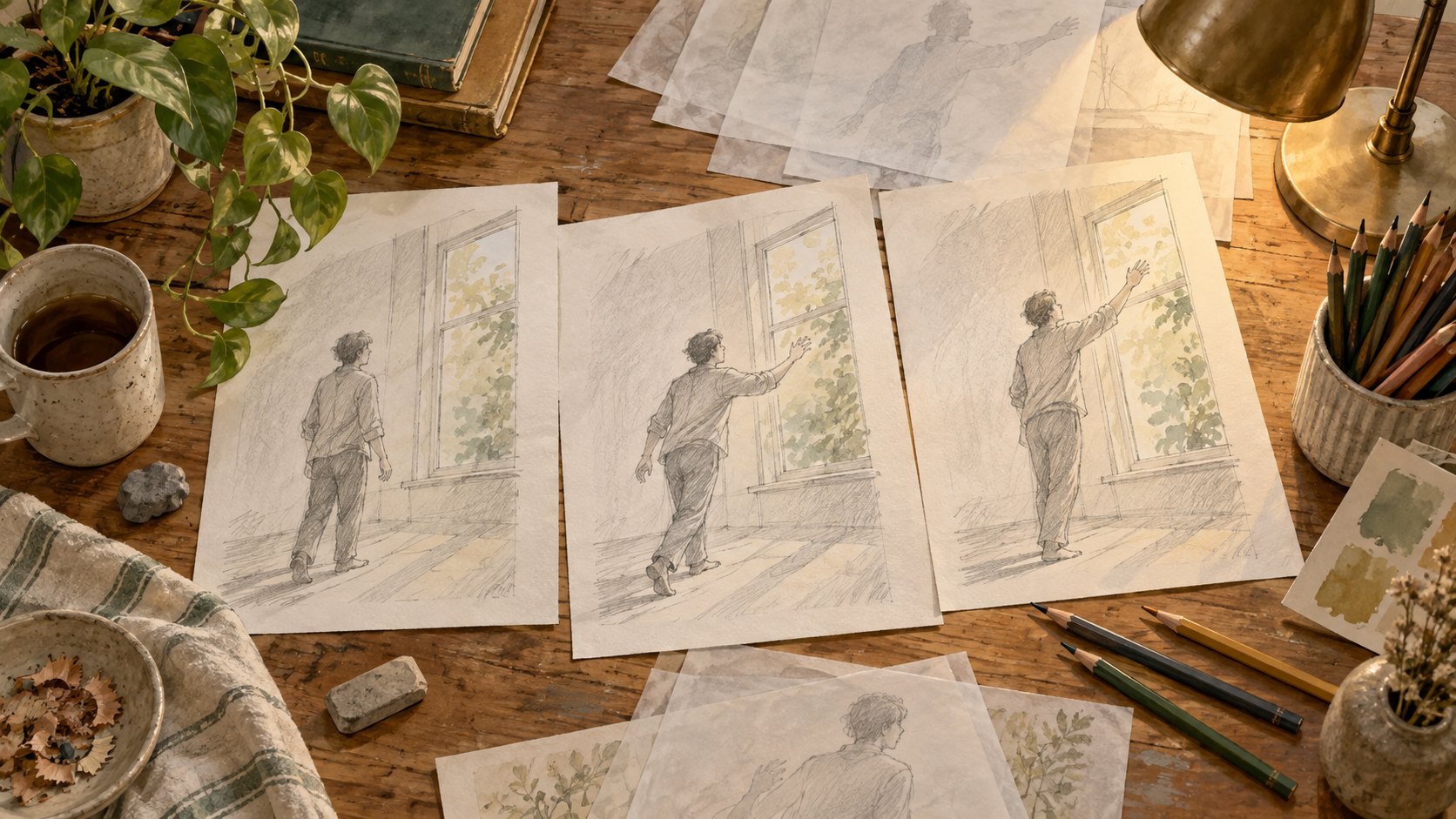 木桌上的連續人物動作素描與色鉛筆，呈現動畫表演的概念插畫，非本片製作資料