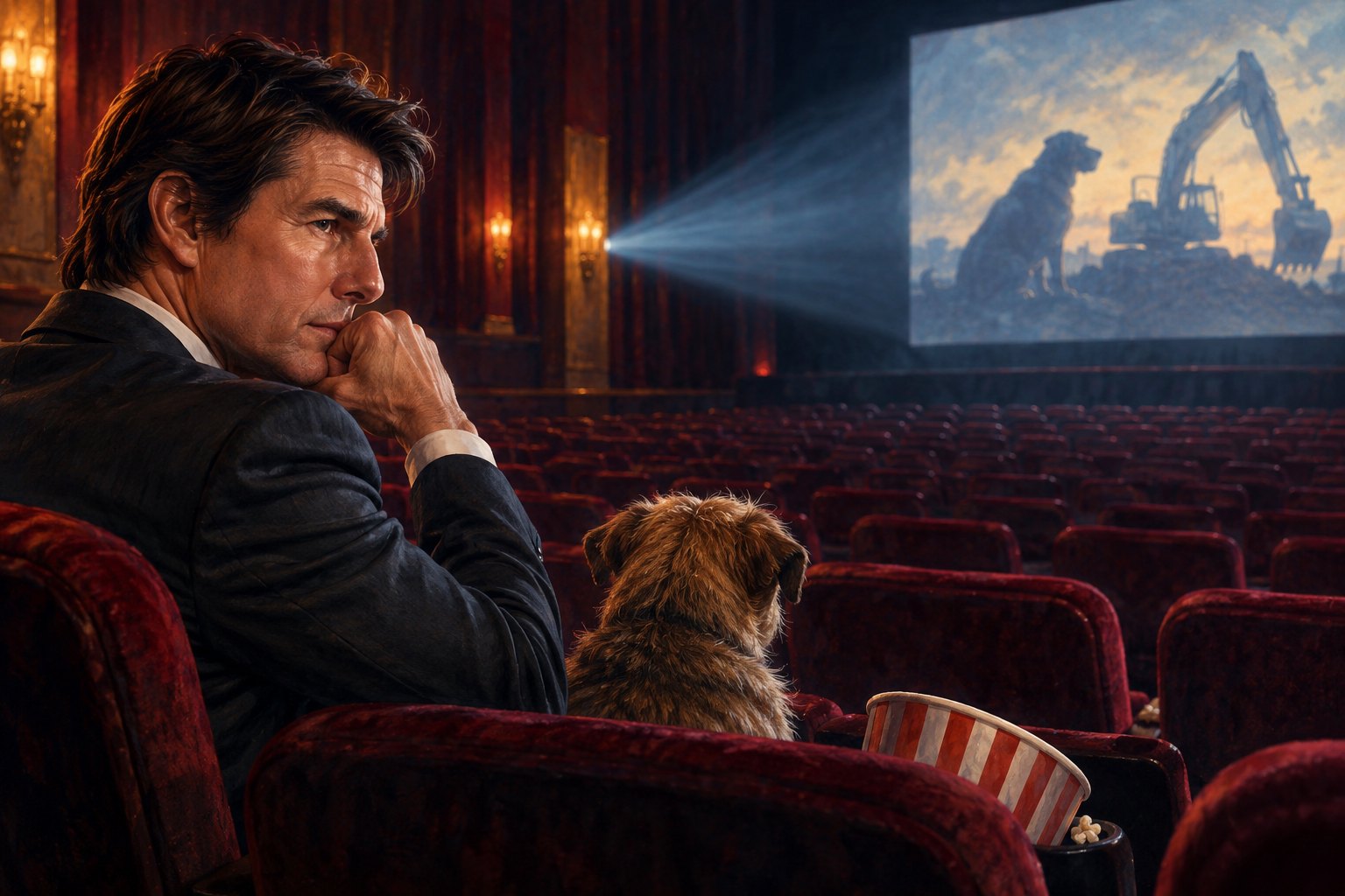 Conceptual illustration of Tom Cruise seated beside a dog in a nearly empty red cinema, watching an excavation image on screen.