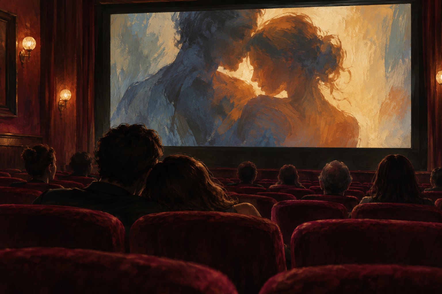 Editorial illustration of cinema audiences watching an abstract romantic embrace on a glowing screen.