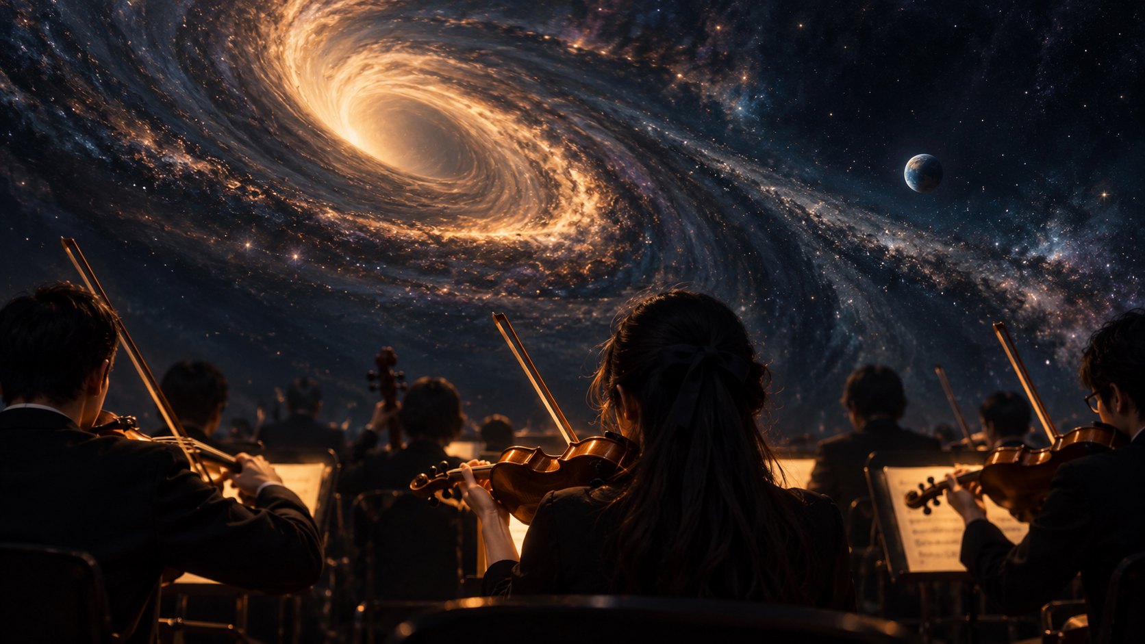 想像中的交響樂團面向遼闊星空演奏,暖色弦樂與深藍宇宙交織