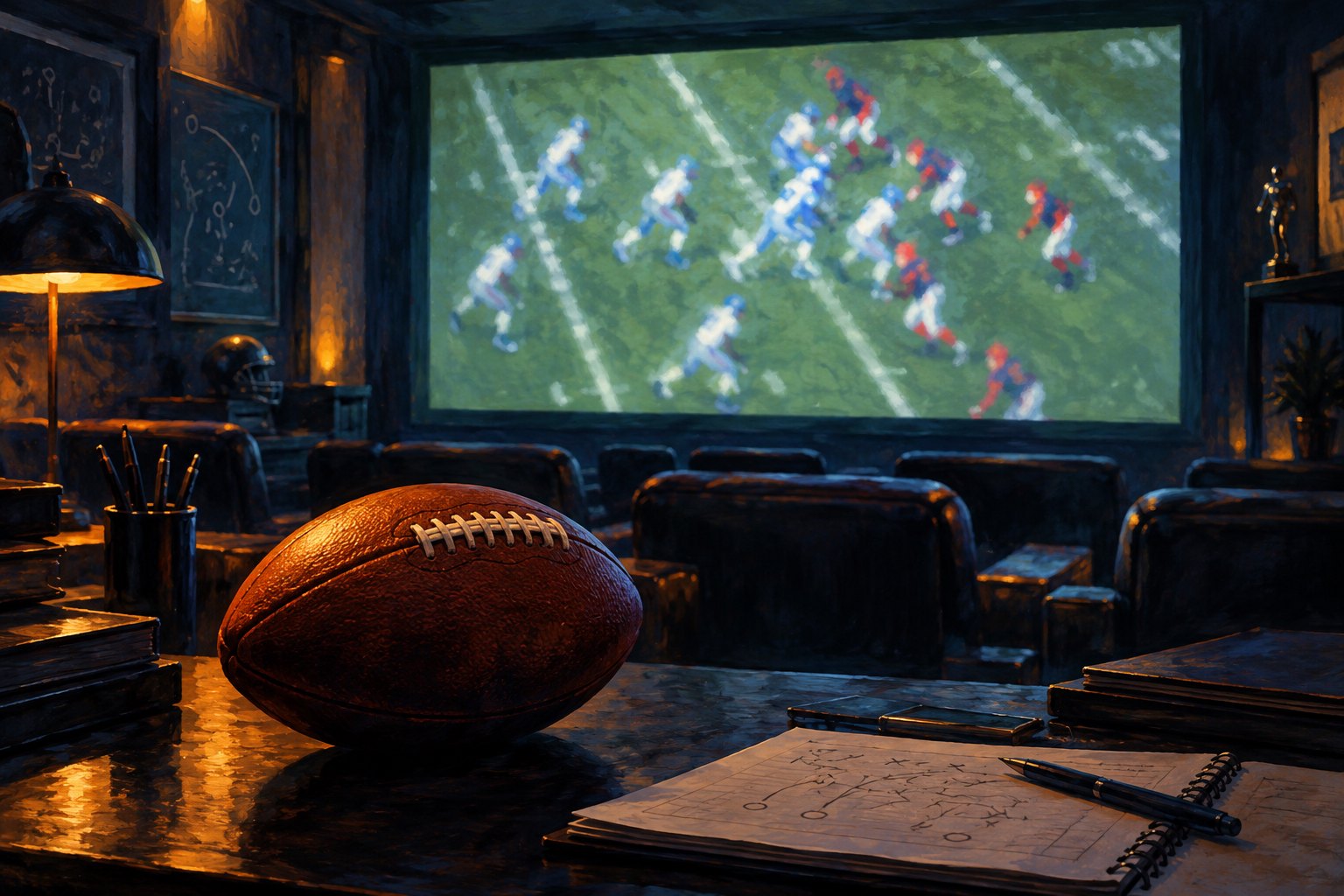 Painterly illustration of a football on a desk in a dark screening room with an imagined game projected behind it.
