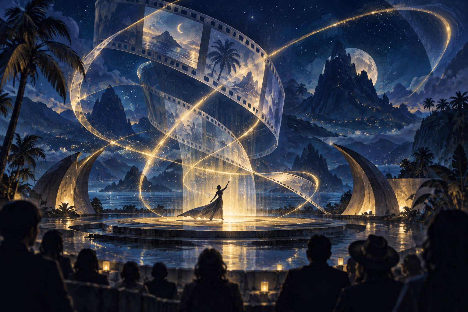 蓝金色光束与胶片意象交织的夜间舞台概念插画,非“七仙幻月”演出实景