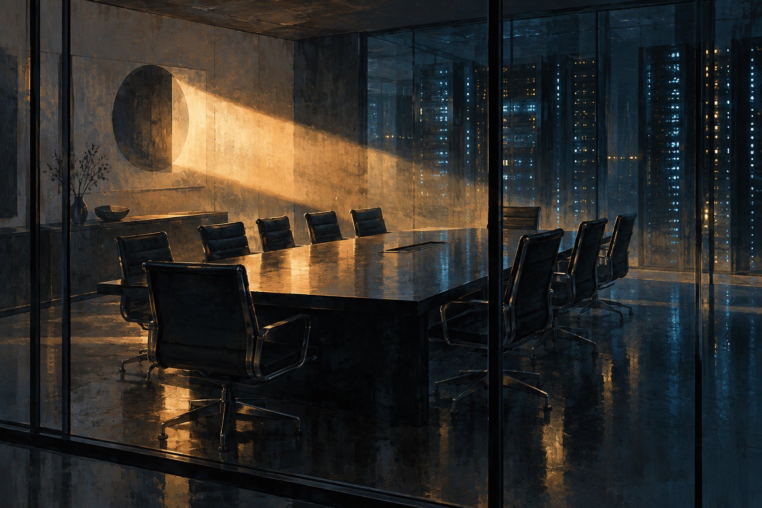 Conceptual illustration of an empty corporate boardroom with server lights reflected in glass and warm light crossing a dark table.