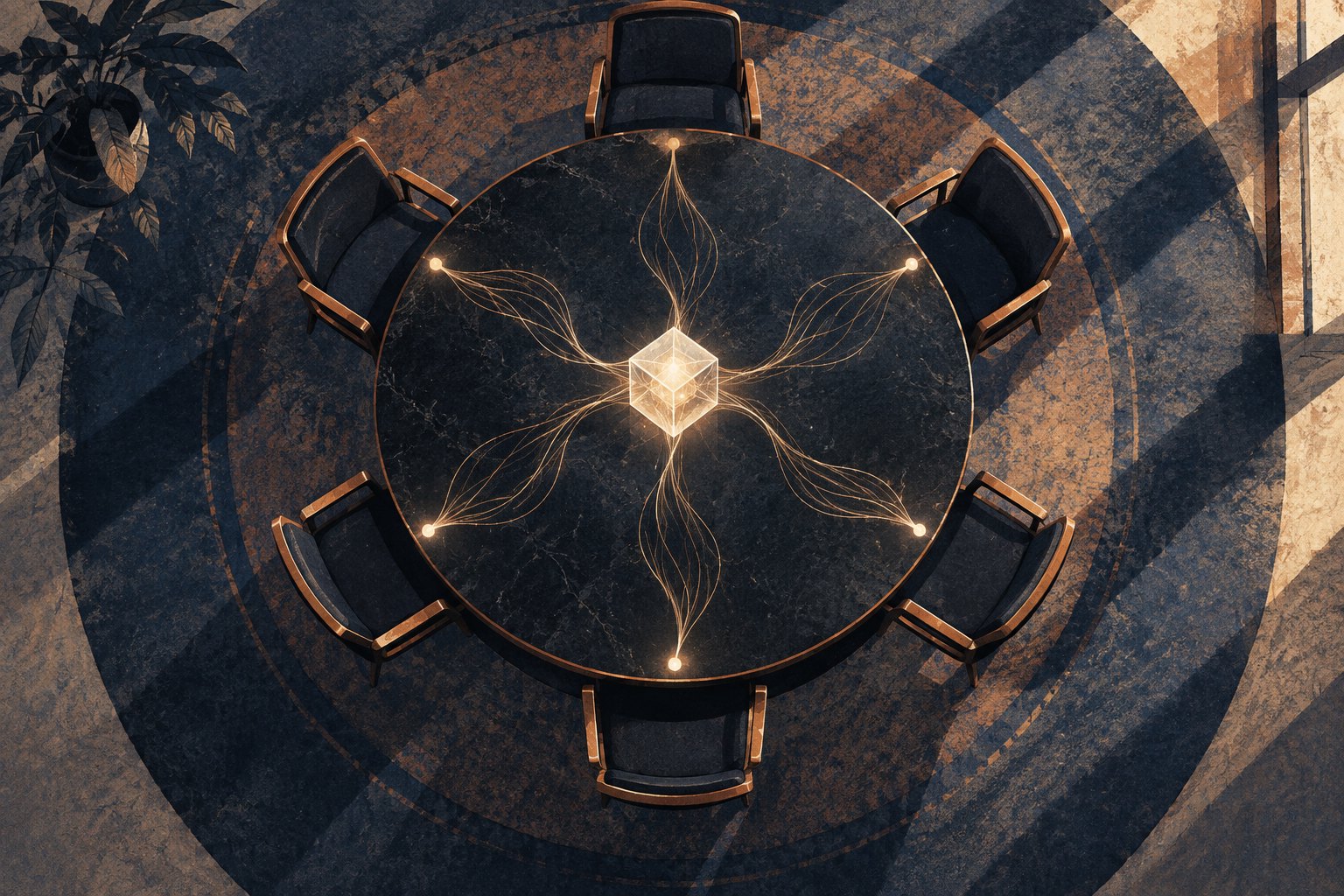 Conceptual overhead illustration of six empty chairs surrounding a round table, with glowing threads connecting a central cube to each seat.