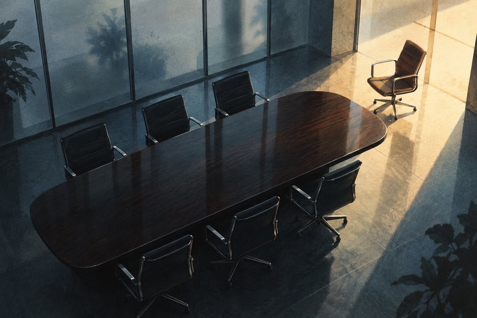 Conceptual illustration of an empty conference table with one chair pulled away into sunlight.