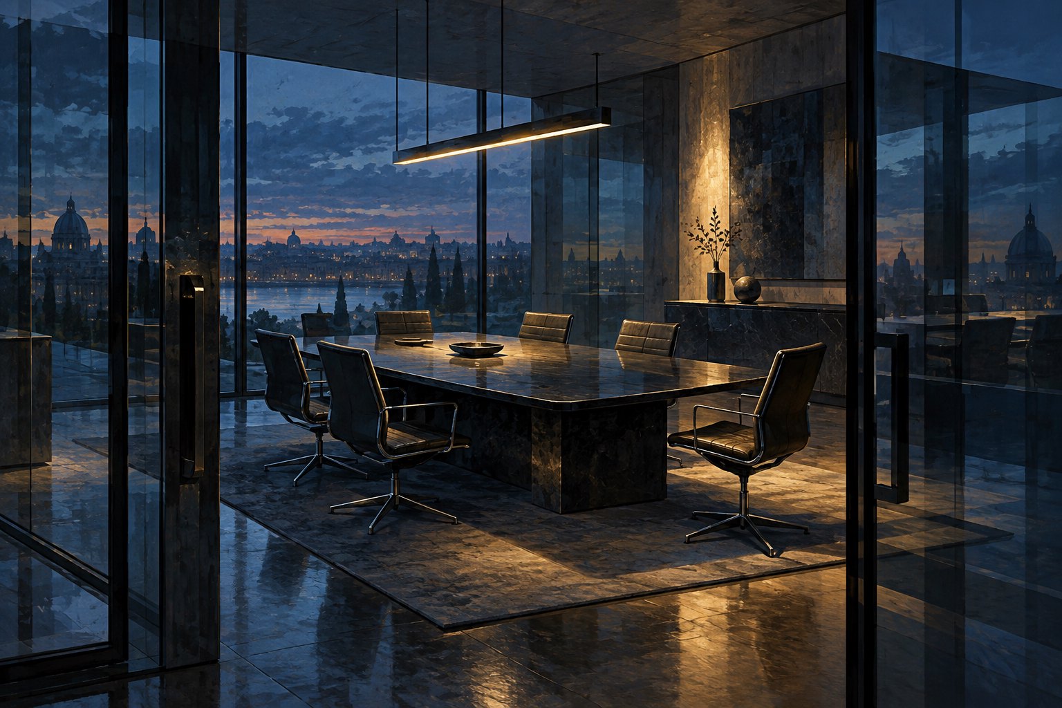 Conceptual illustration of an empty glass boardroom with a long conference table in cool blue and warm amber light.