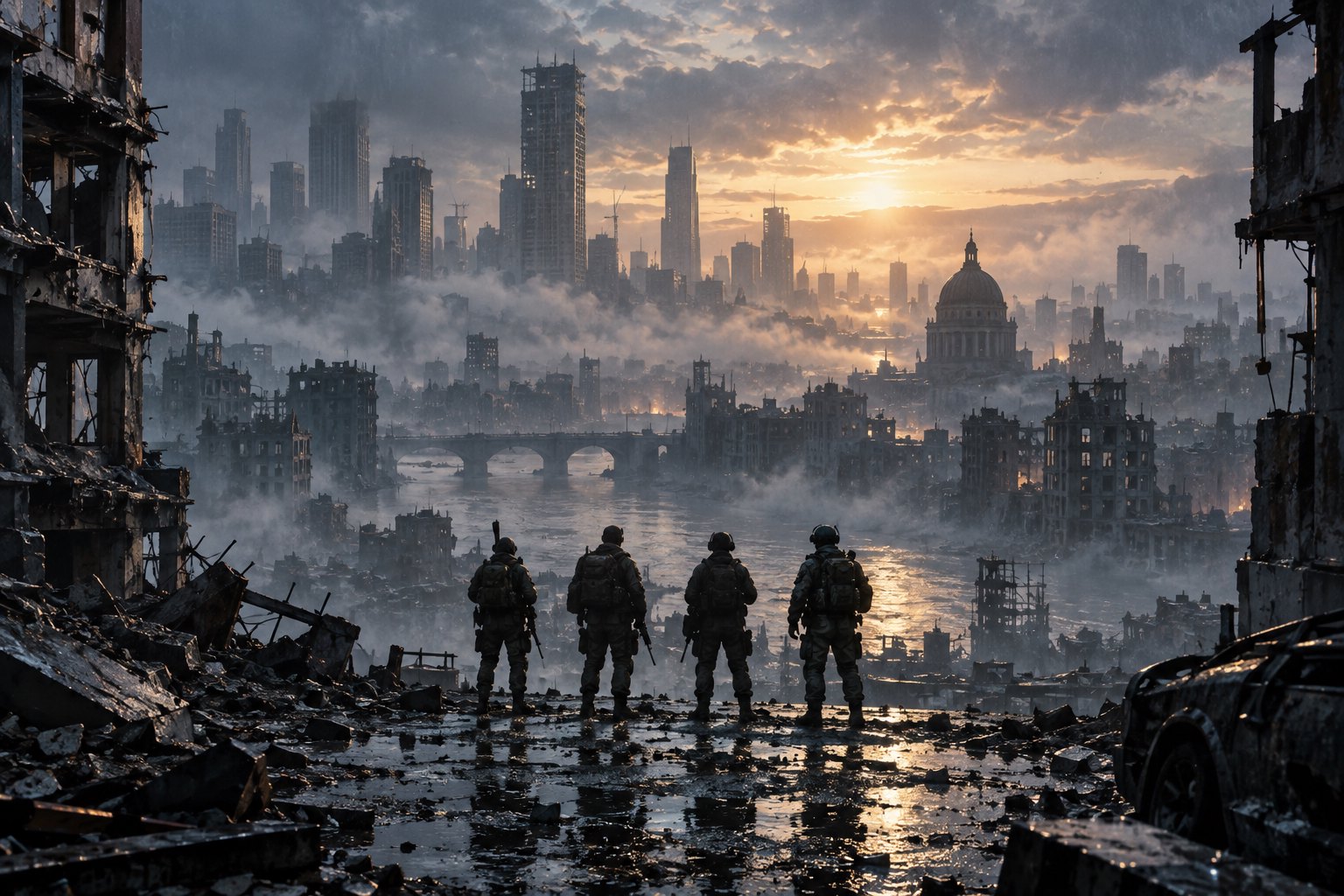 Conceptual illustration of four soldiers overlooking a ruined riverside city beneath a cloudy golden sky.