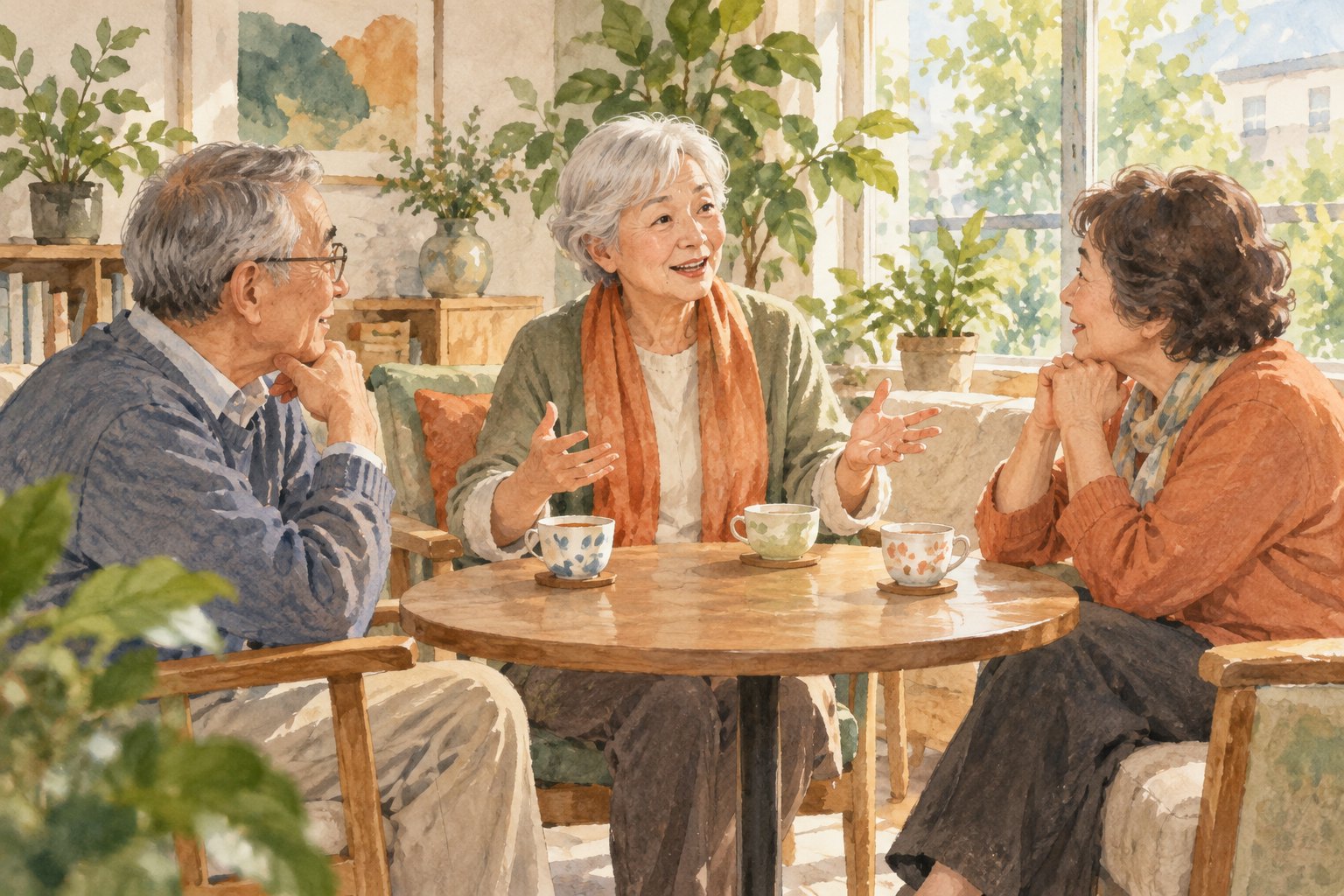 原创插画：三位老年朋友围坐社区会客室的圆桌，交流观影感受