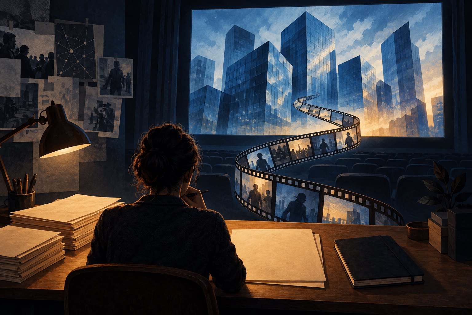 Conceptual illustration of a reporter at a paper-covered desk facing a cinema screen, with a curling filmstrip connecting the two.