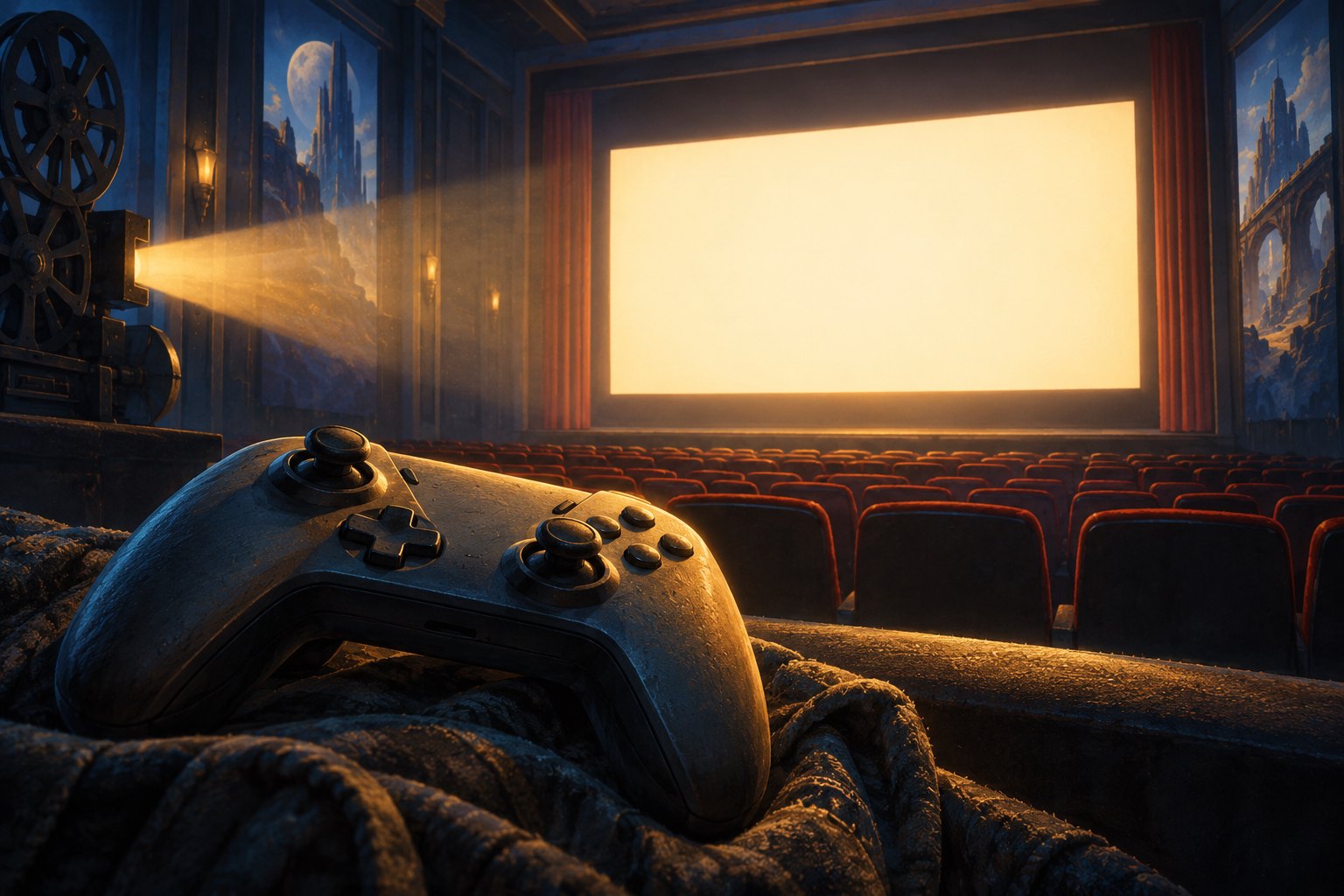 Conceptual illustration of a game controller facing a glowing blank screen in an empty movie theater.
