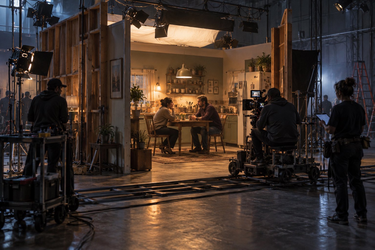 Conceptual illustration of two performers at a kitchen table surrounded by camera equipment, lighting, and crew inside a generic soundstage.