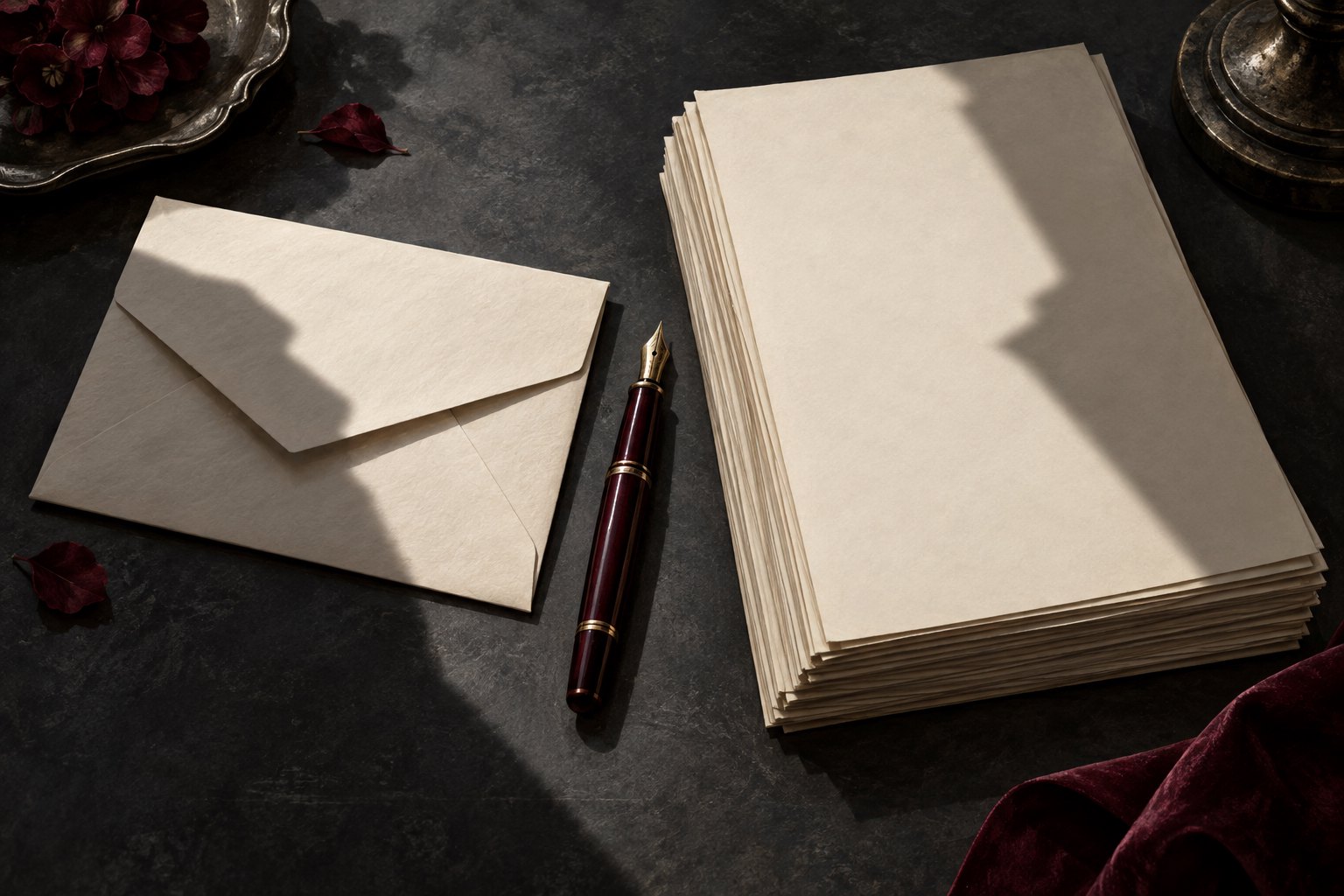 Conceptual illustration of an unmarked envelope and manuscript pages crossed by opposing shadows, with a fountain pen between them.