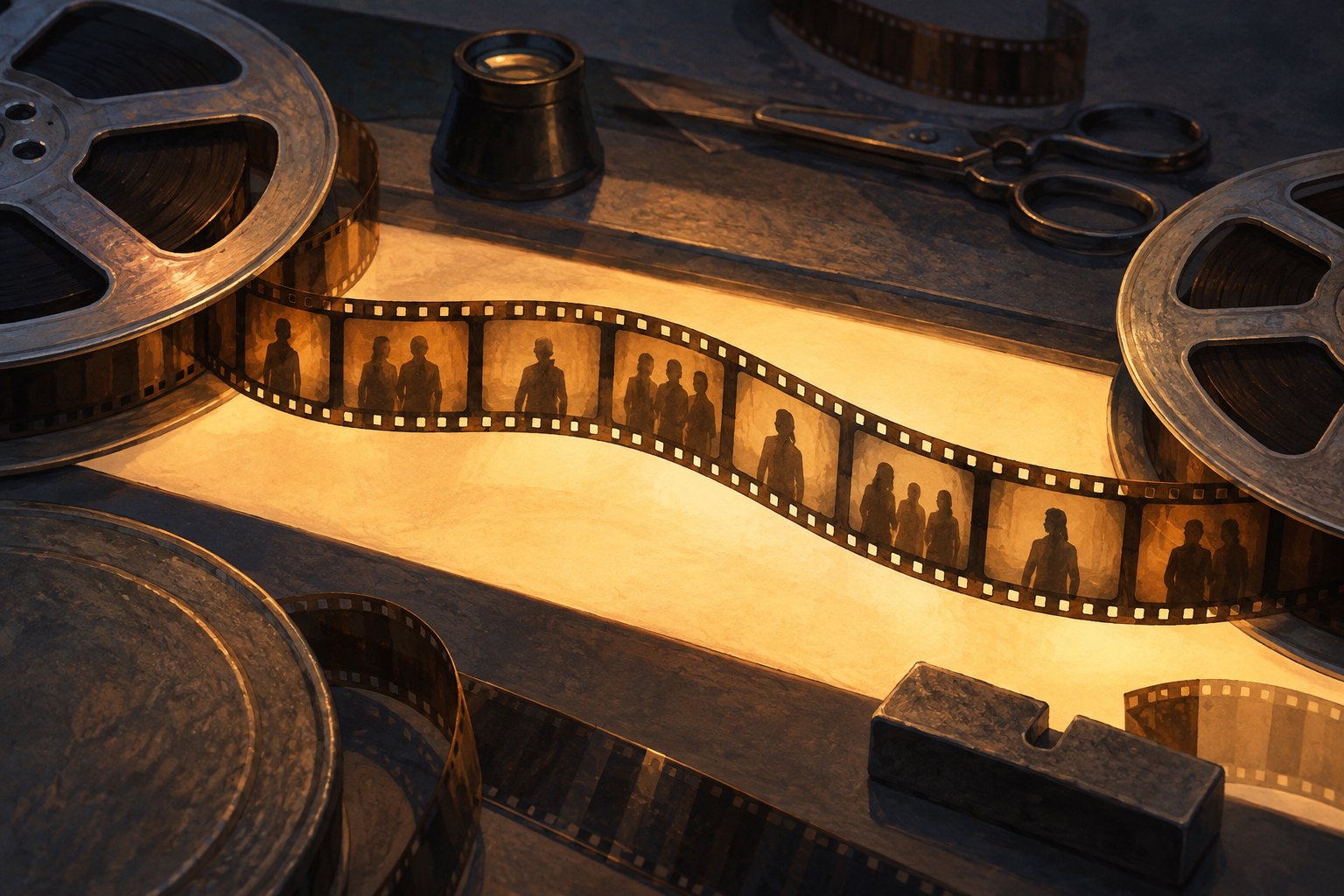 Conceptual illustration of film strips showing anonymous silhouettes across an amber-lit editing bench.