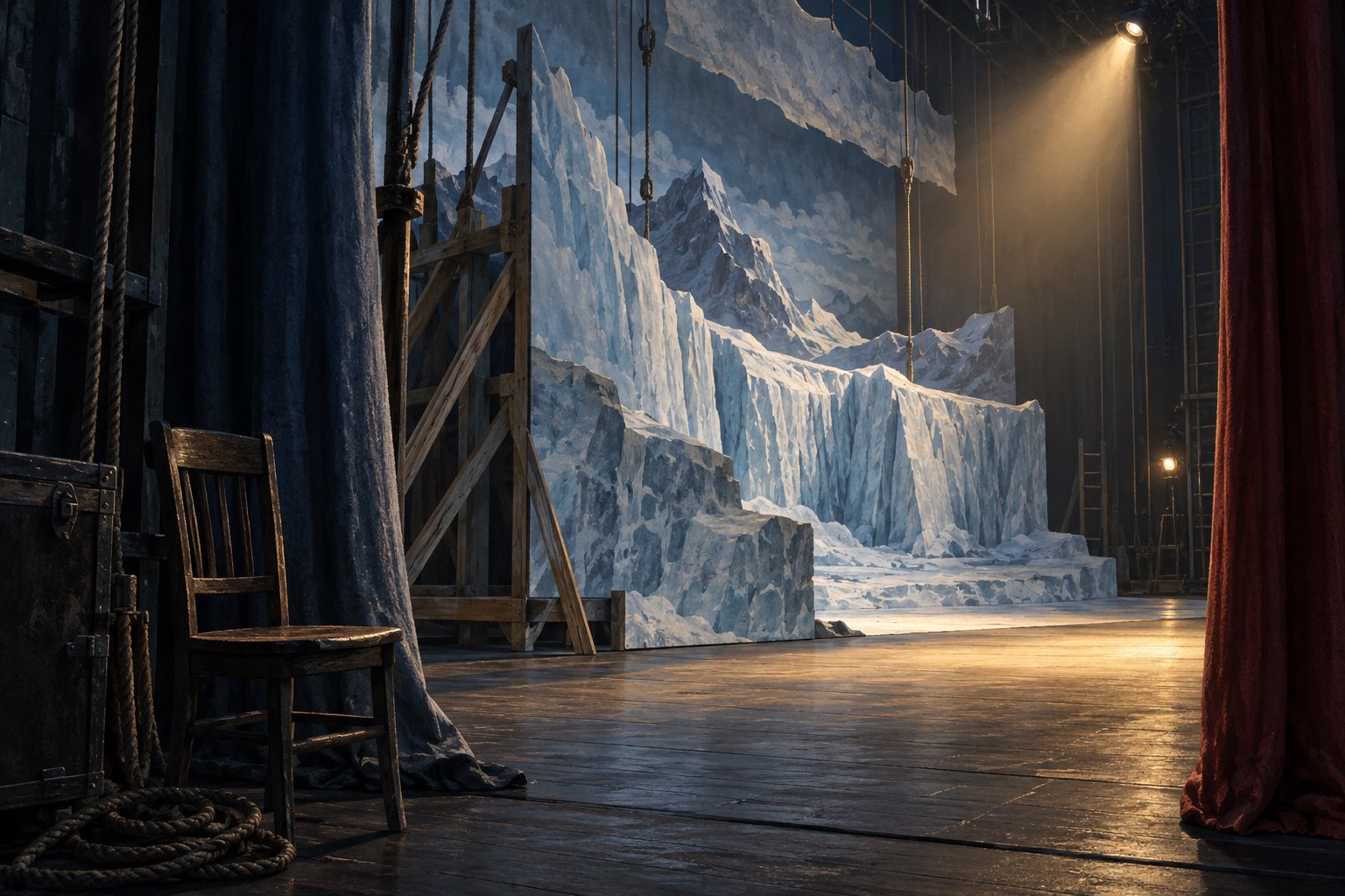 Conceptual illustration of a painted glacier stage set viewed from the wings, with exposed wooden supports and an empty chair.
