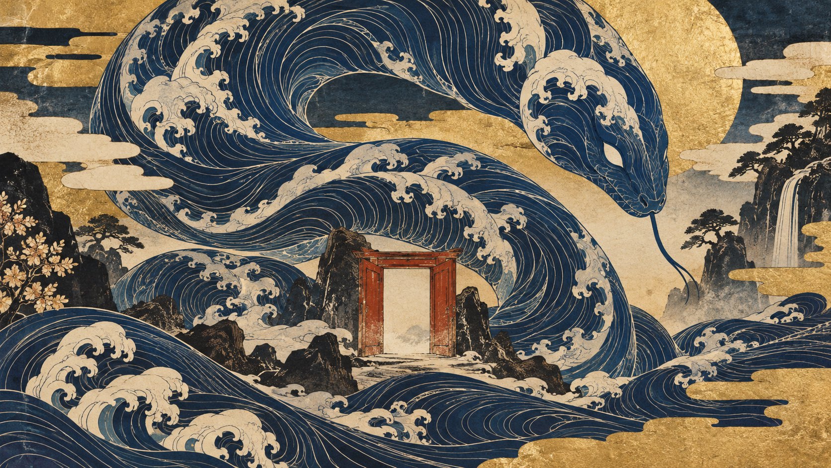 靛藍波浪構成巨大的蛇形輪廓,環繞朱紅門框的浮世繪風格概念插畫,非電影劇照