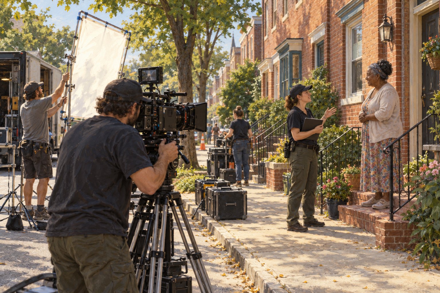 Illustration of a fictional film crew preparing a residential street shoot while a coordinator speaks with a resident.