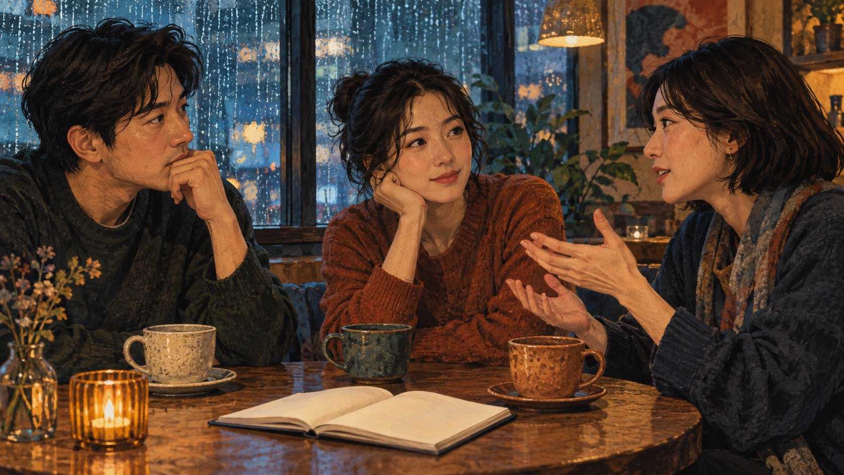 三名影迷在雨夜咖啡館交換觀影感受，桌上放著空白筆記本的概念插畫