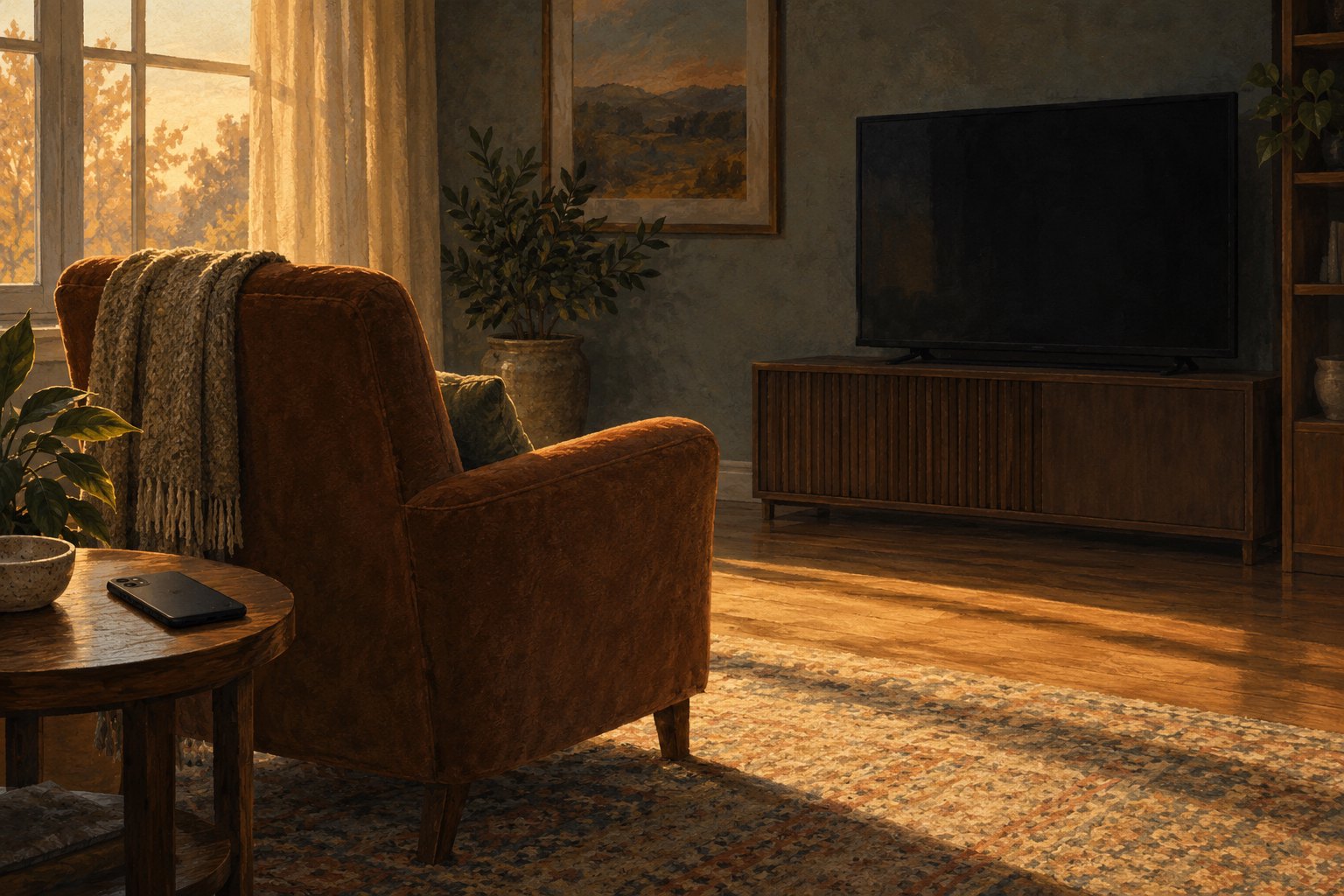 Symbolic illustration of an empty armchair facing a dark television, with a phone lying face down on a side table.