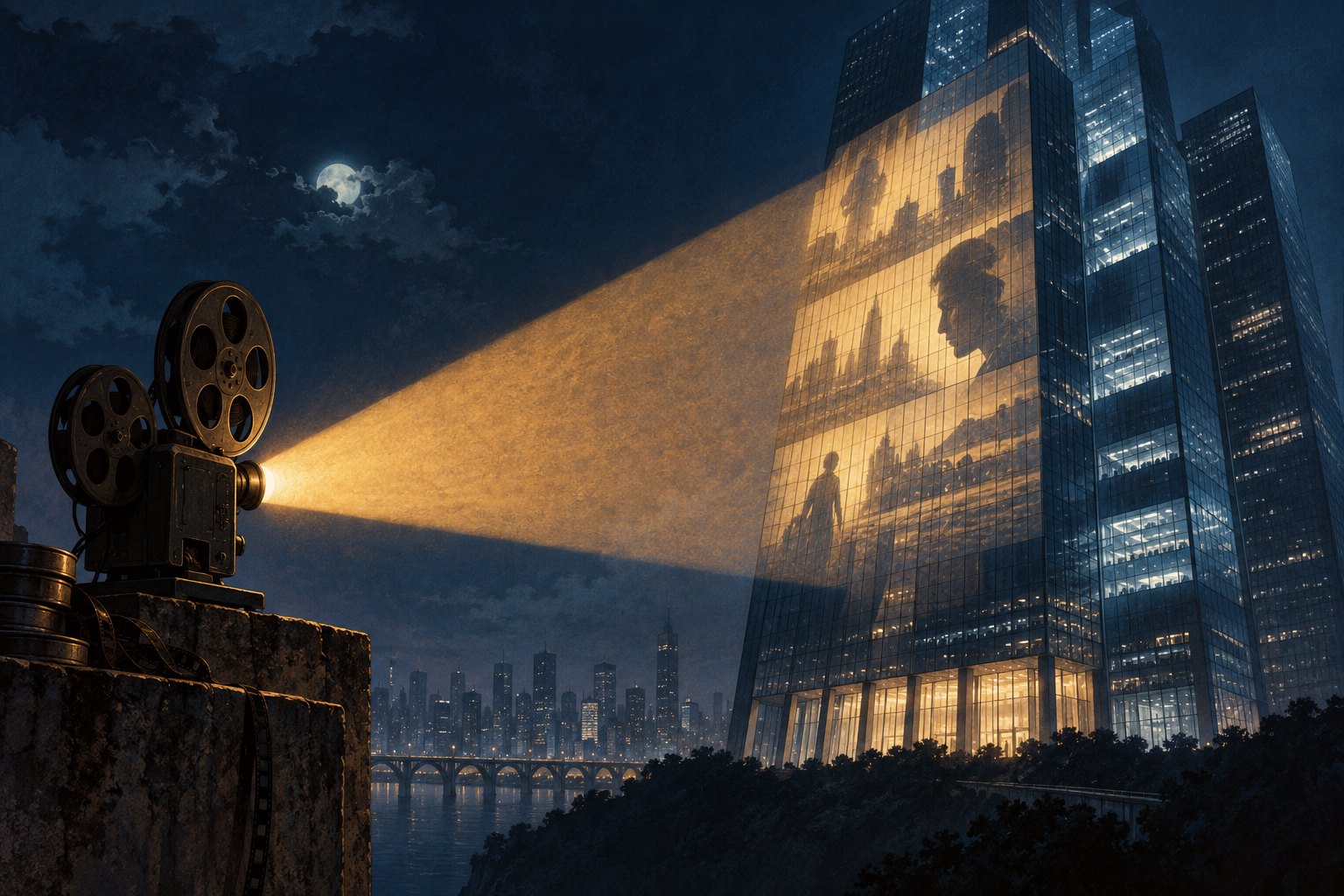 Conceptual illustration of a vintage movie projector casting a golden beam onto a glass office tower at night.