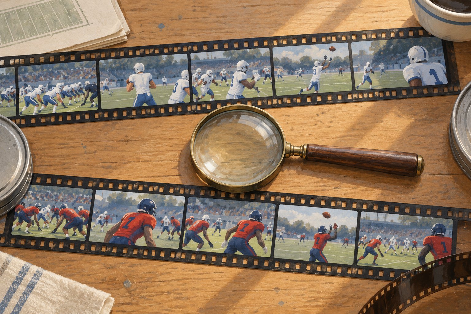 Conceptual illustration of two football filmstrips showing different team perspectives beside a magnifying glass on a wooden table.