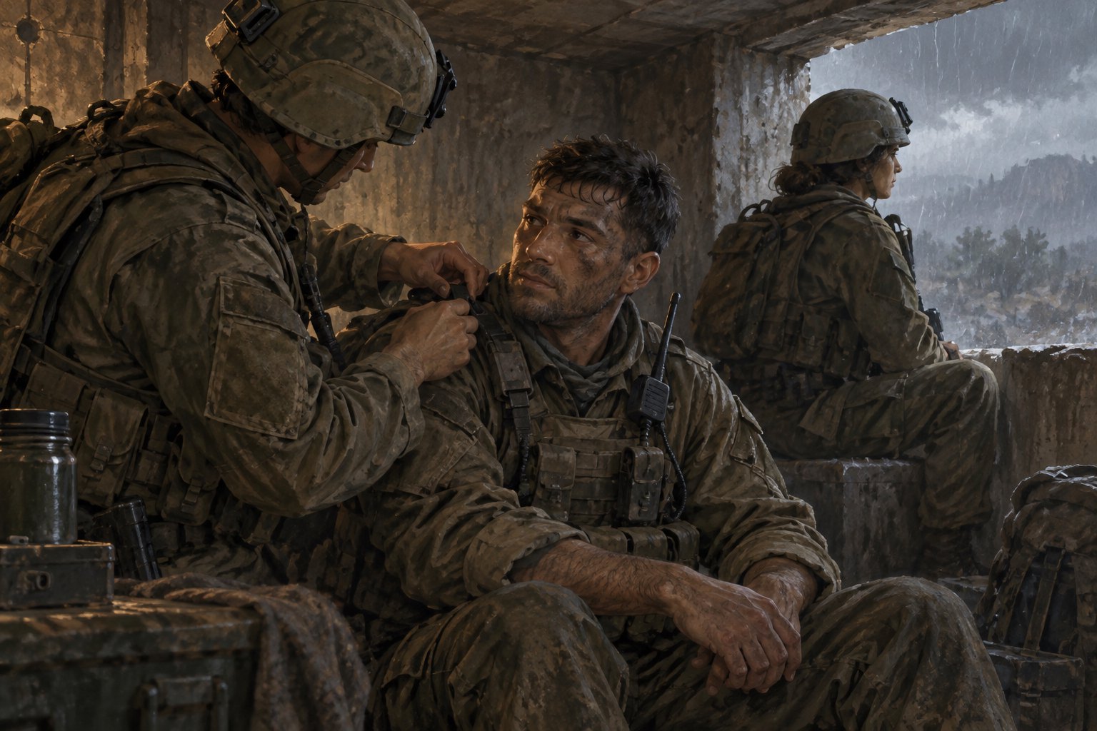 Conceptual illustration of a soldier adjusting a seated teammate’s shoulder equipment while another watches the rain from a concrete shelter.