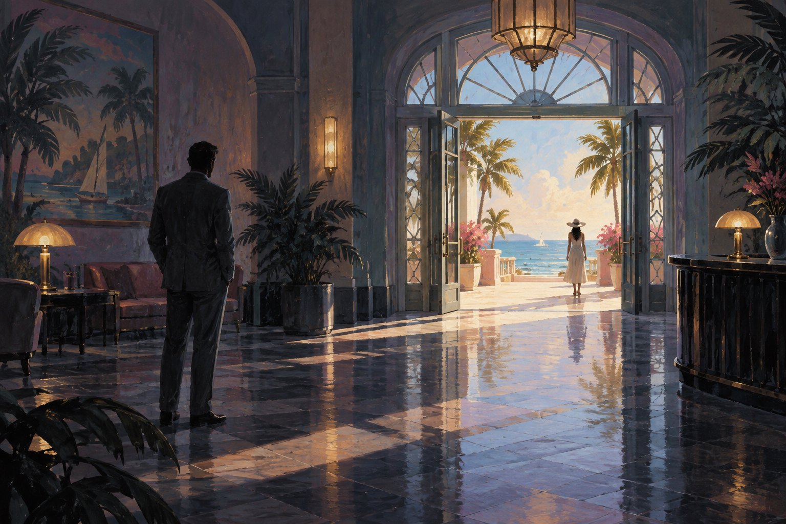 Conceptual illustration of two figures separated by a shadowed hotel lobby and a sunlit coastal doorway, showing how space can suggest emotional distance.