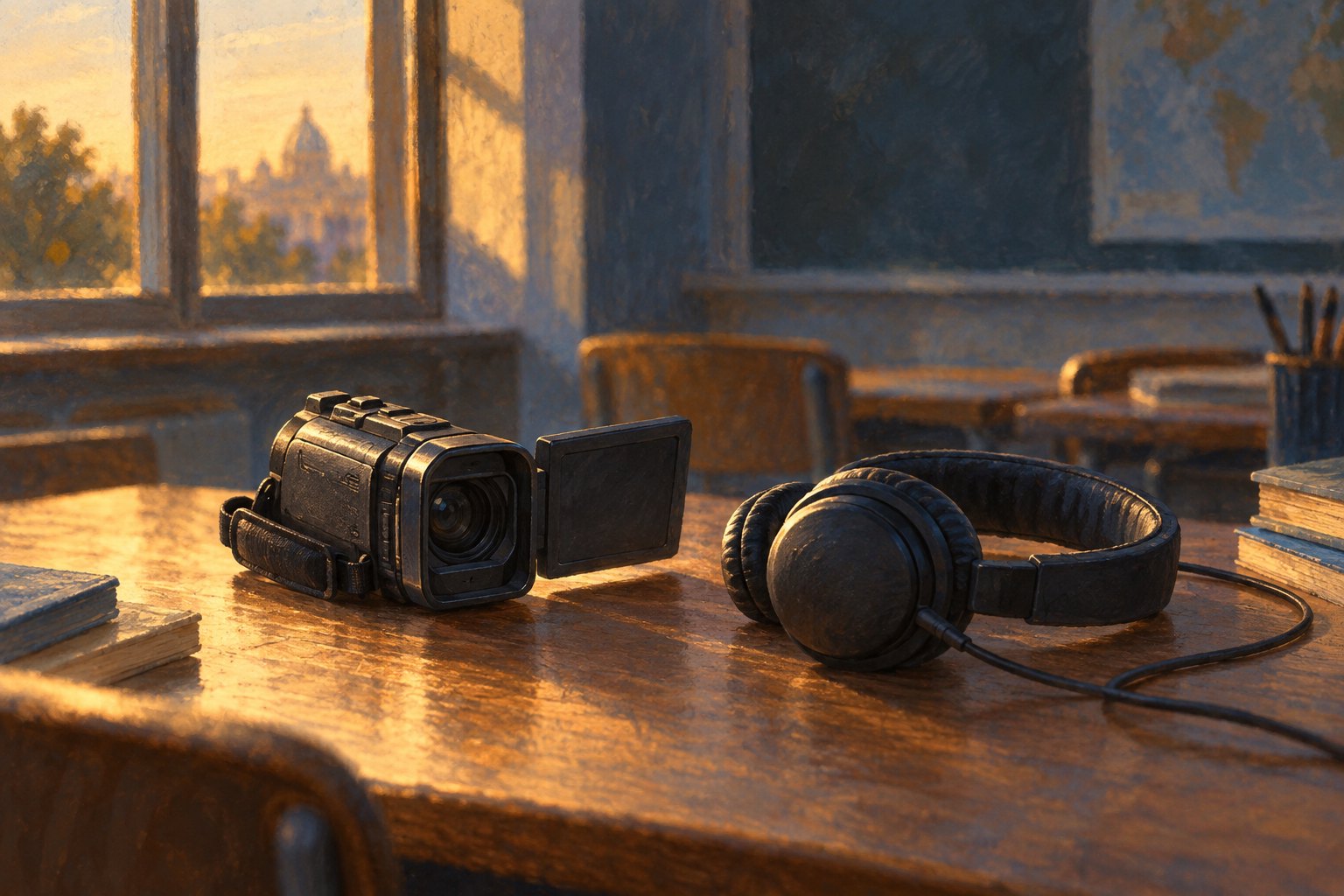 Painterly illustration of a handheld video camera and headphones on a wooden table in warm window light.