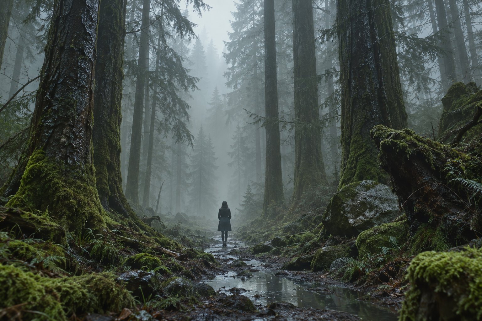 A conceptual illustration of a lone woman in a dark coat standing among towering conifers on a misty forest path.