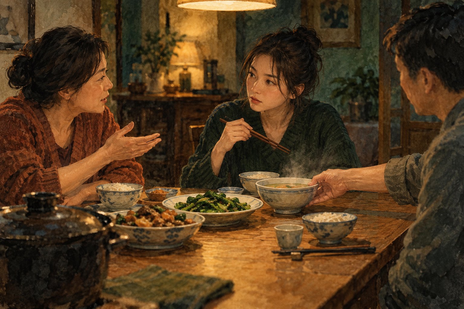 虚构家庭的晚餐桌上,年轻女子停筷倾听,身旁家人把热汤推向她的原创插画