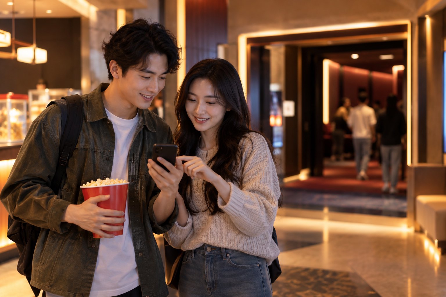两位年轻观众在暖色灯光的电影院门厅一起查看手机