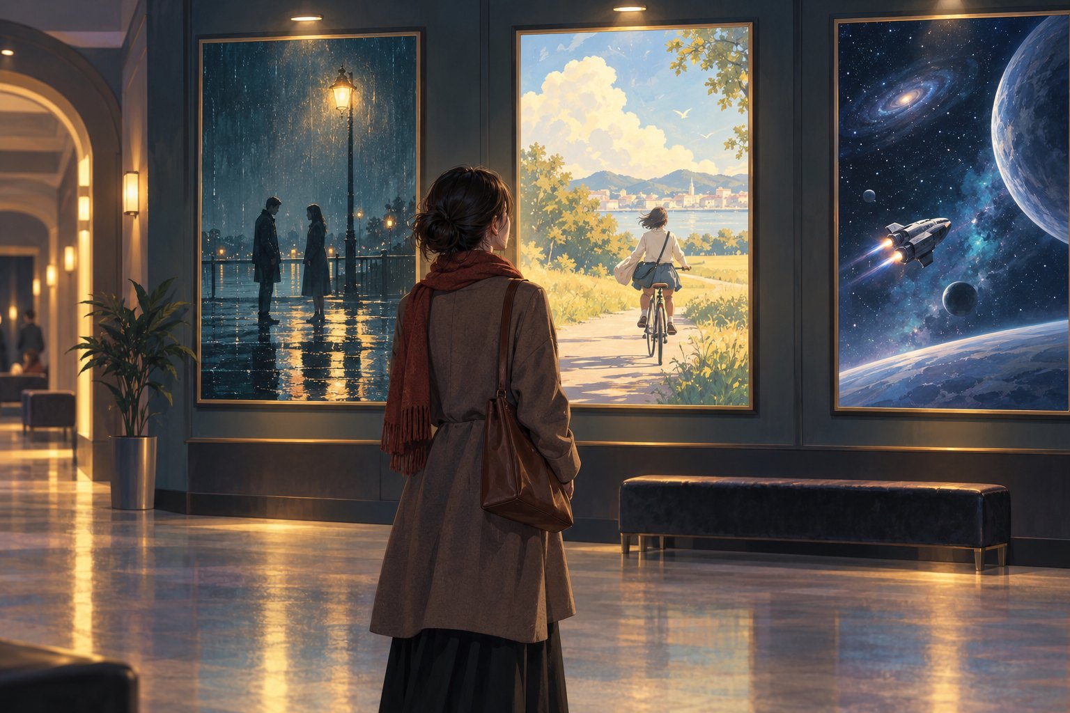 一位观众驻足影院走廊,凝视分别呈现雨夜人物、晴日骑行和宇宙飞船的概念画面