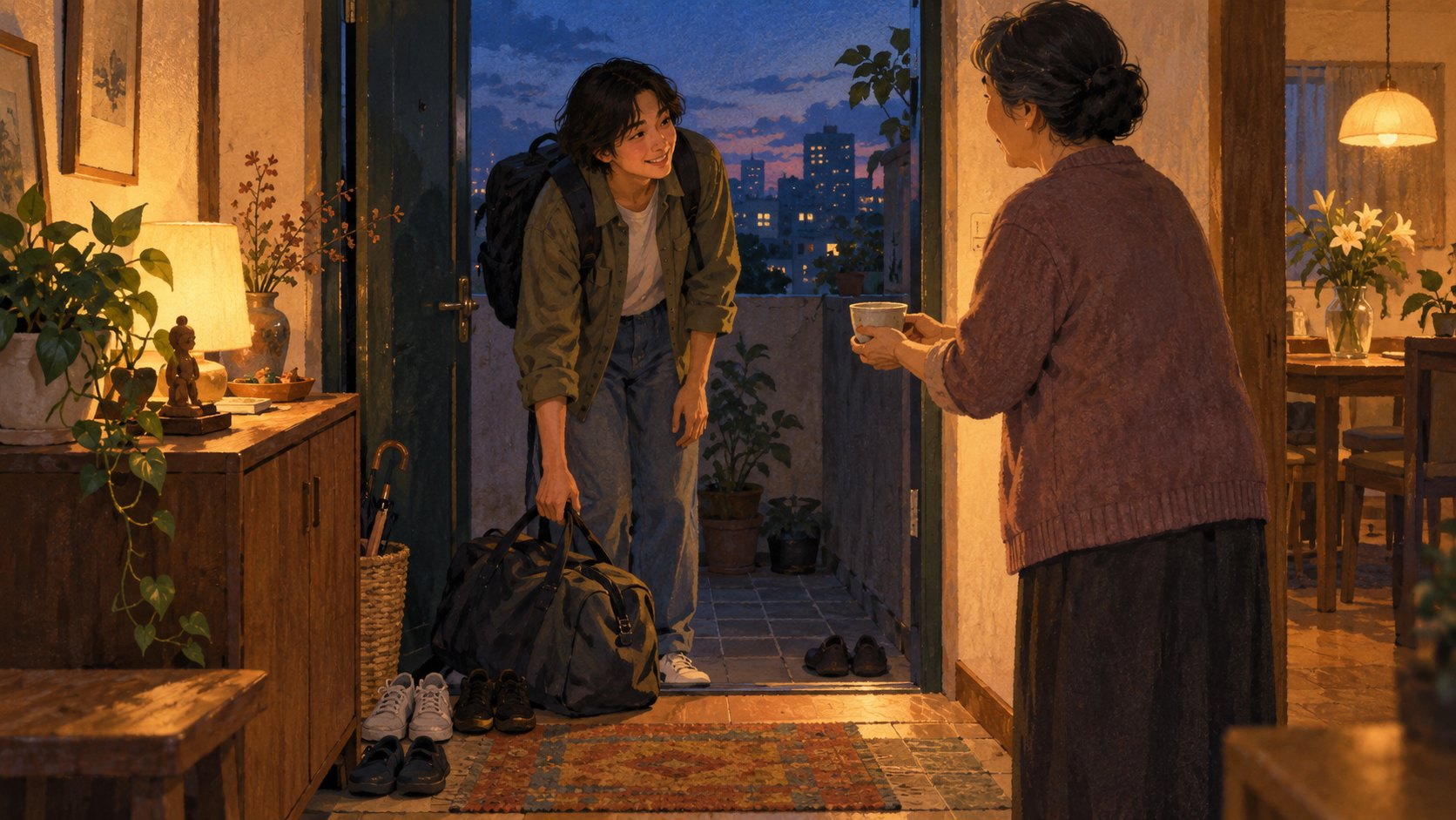 返家者在傍晚住家門口放下旅行袋，家人手持杯子迎接的概念插畫，非影片劇照