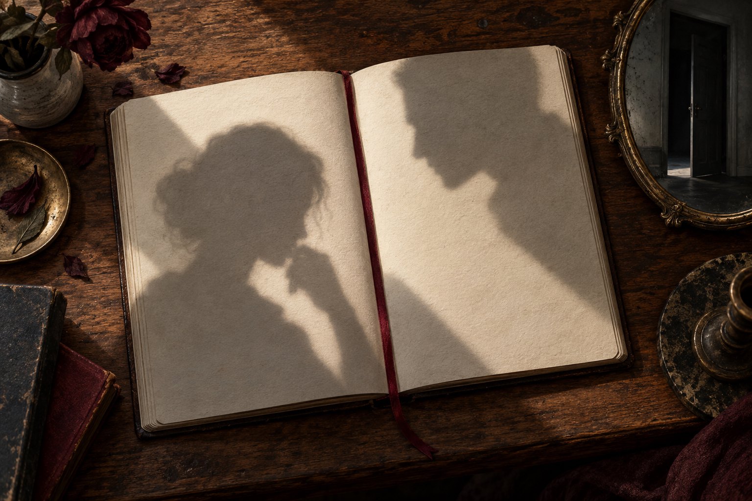 Conceptual illustration of two human shadows crossing a blank notebook beside a mirror reflecting a dark doorway.