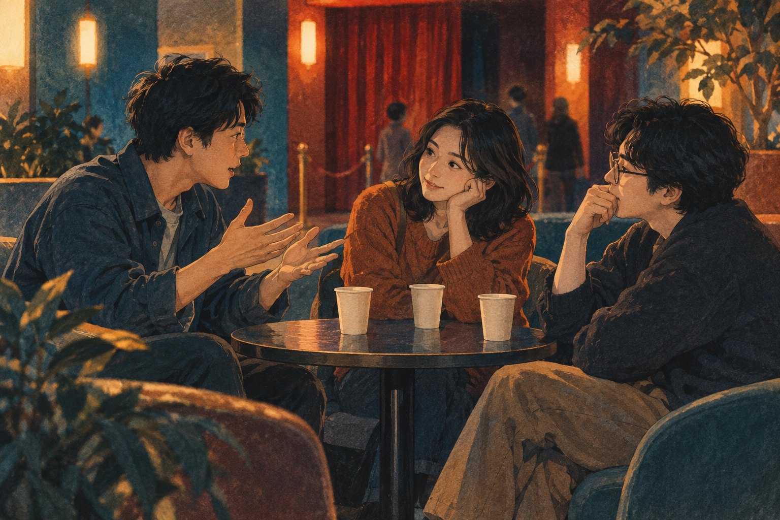 原创映后交流插画:三位观众围坐影院休息区的圆桌交流不同感受