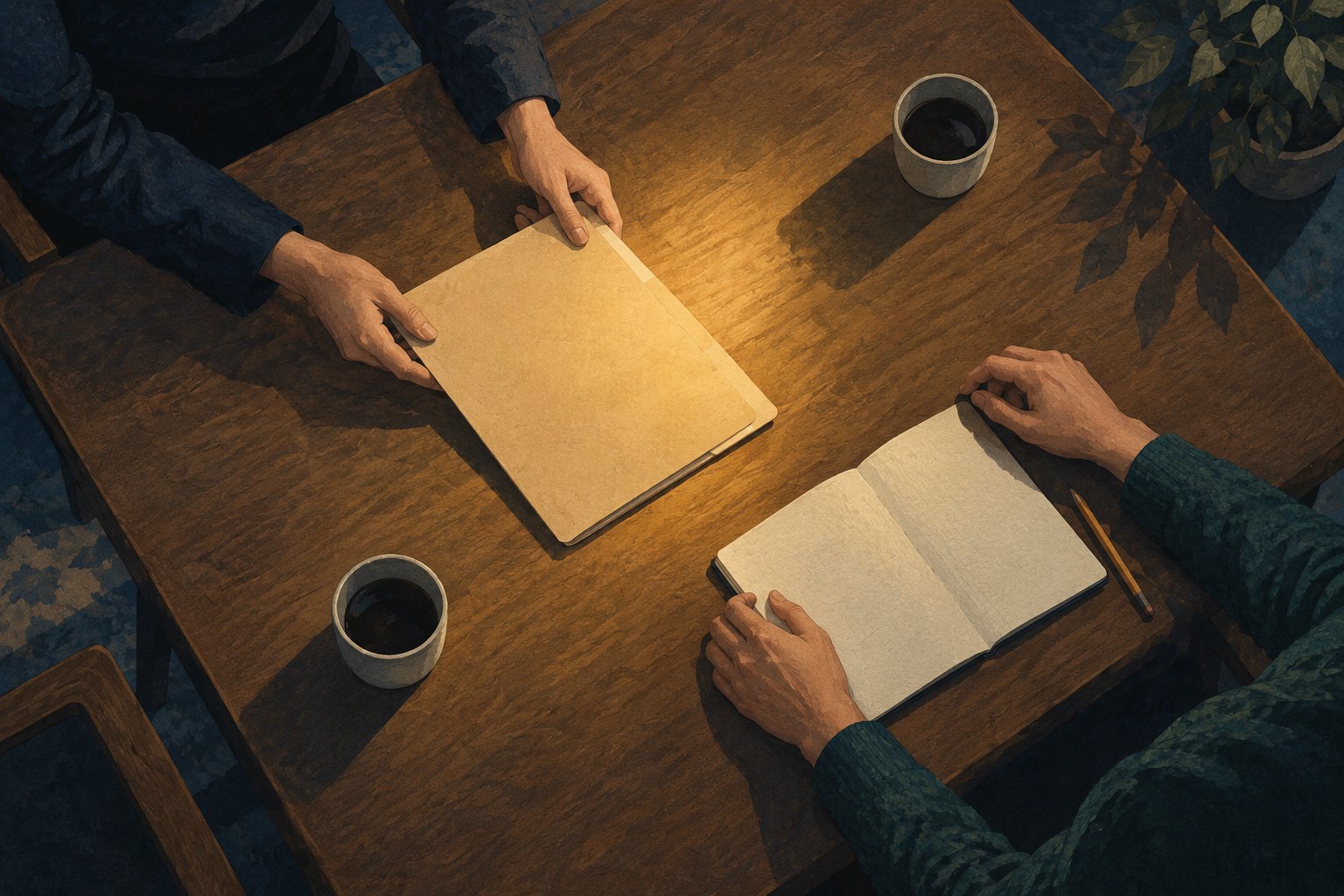 Overhead conceptual illustration of two people sharing a document folder across a wooden table beside a blank notebook and coffee cups.