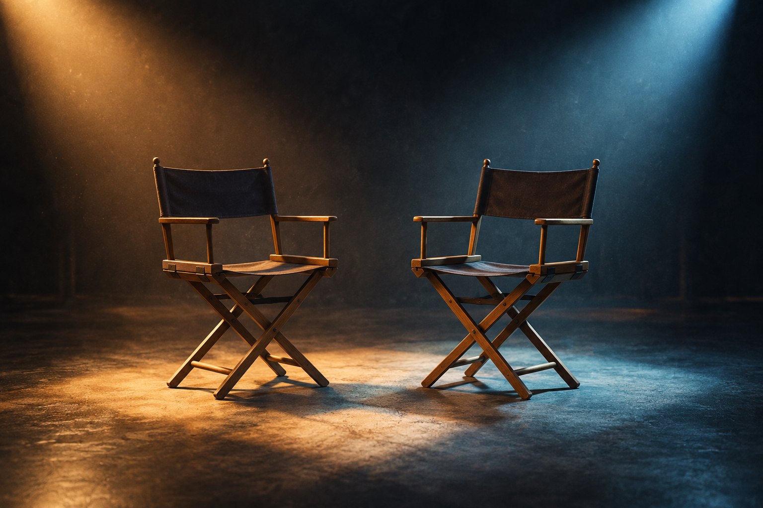 Conceptual illustration of two empty actor chairs under overlapping warm and cool lights on a dark soundstage.