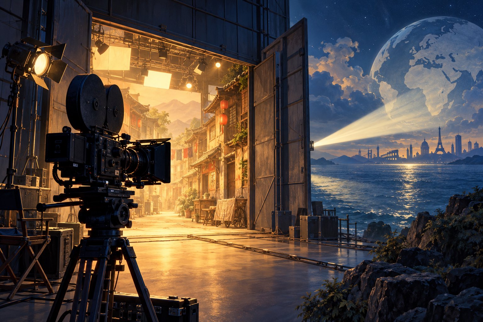 摄影机、温暖的街巷布景与远方放映光束构成影视出海主题概念插画