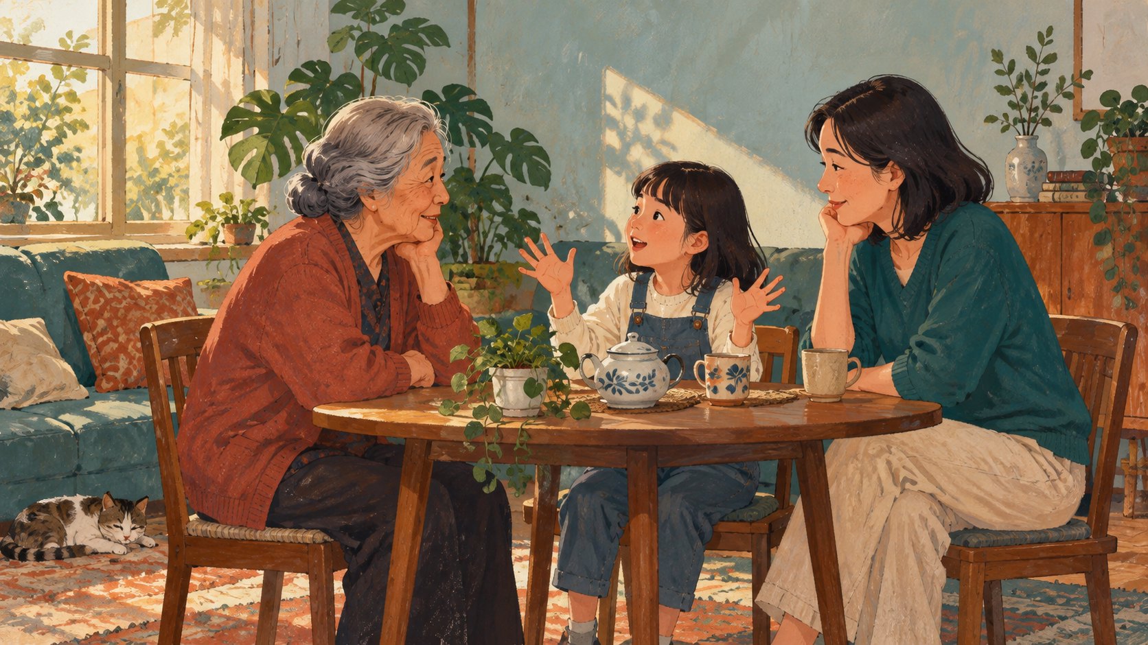孩子在家中分享觀影感受,祖母與家長專注聆聽的情境插畫