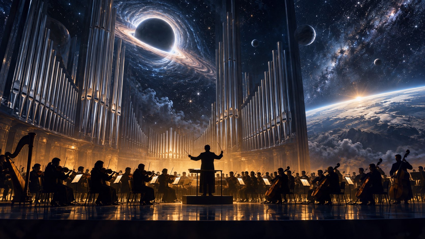 交響樂團與指揮的剪影映襯管風琴及星空的音樂會概念插畫