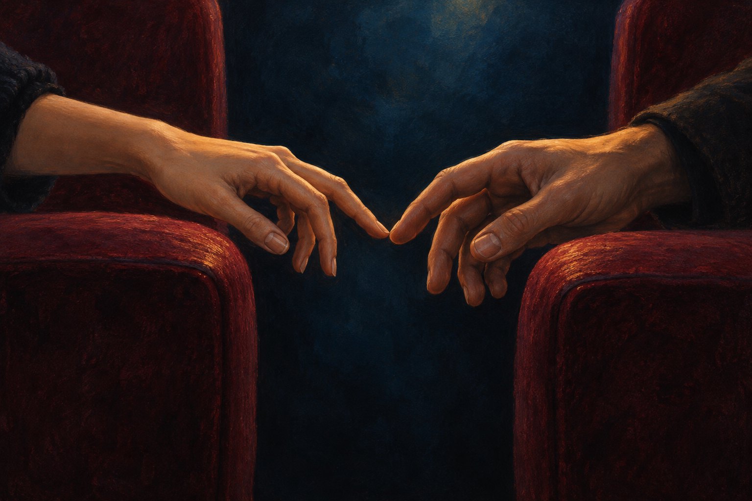 Symbolic editorial illustration of two hands touching across burgundy cinema armrests.