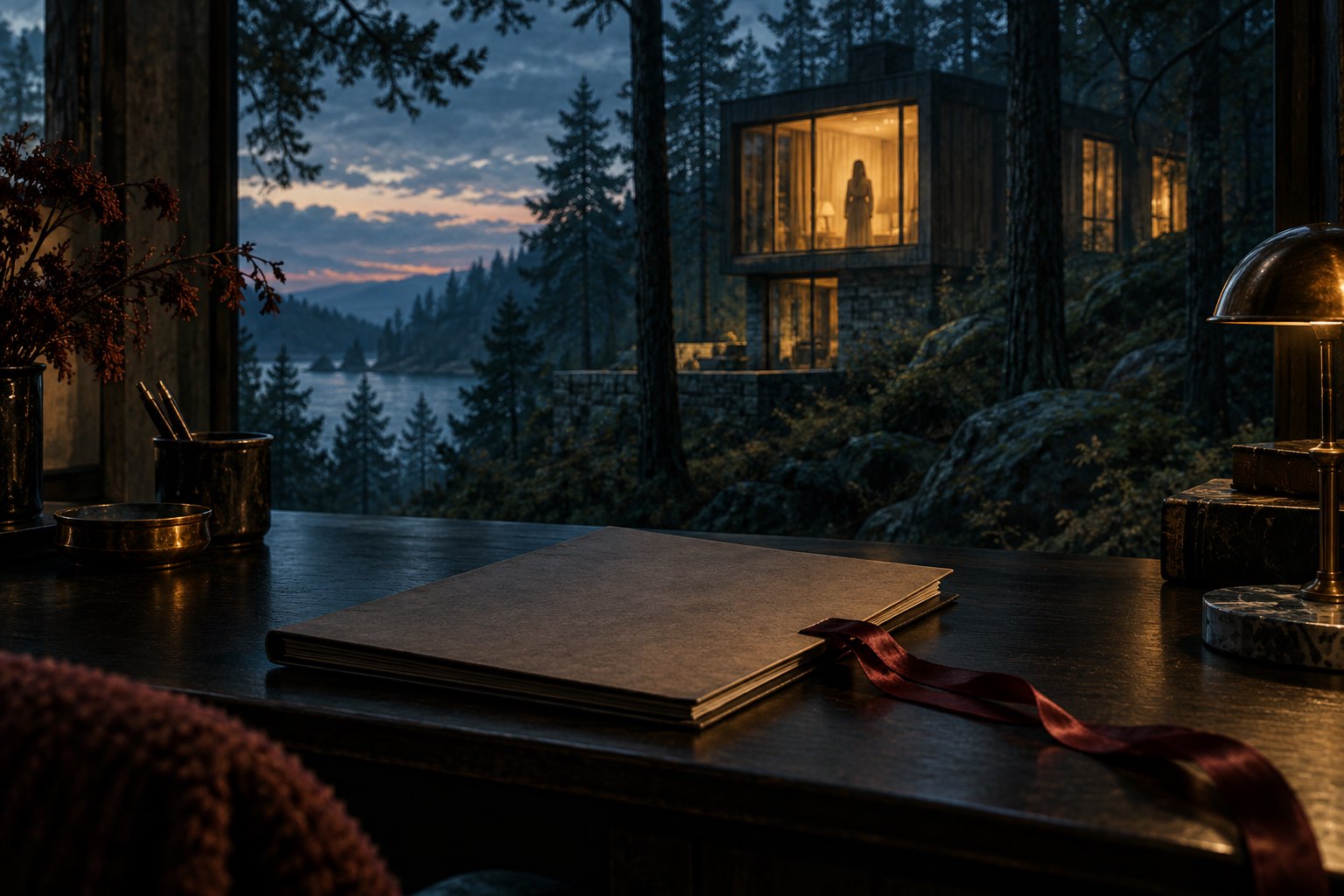 Conceptual illustration of a manuscript folder overlooking a woodland house with a woman silhouetted in a glowing window.
