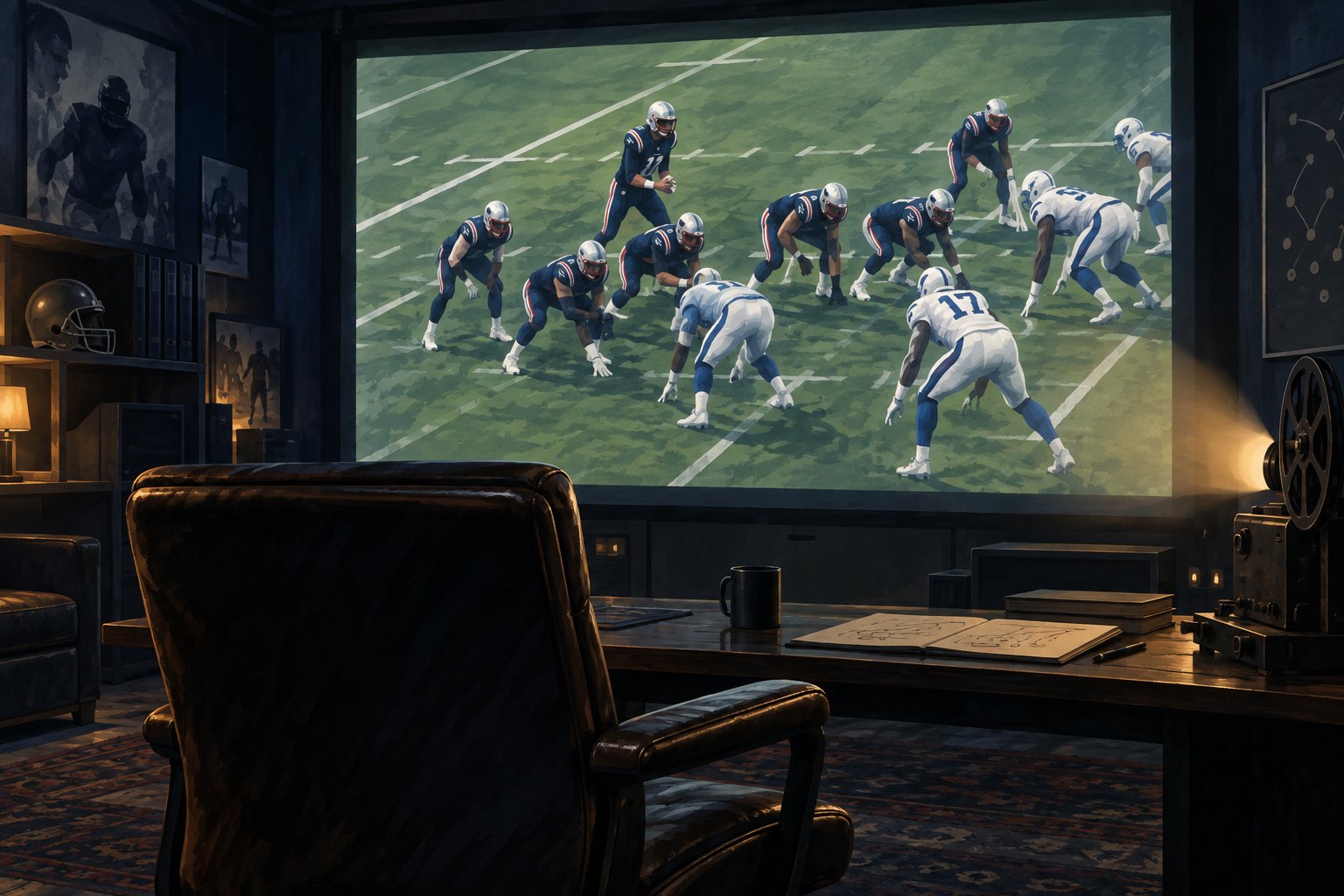 Illustration of an empty film study room with football footage projected above a desk.