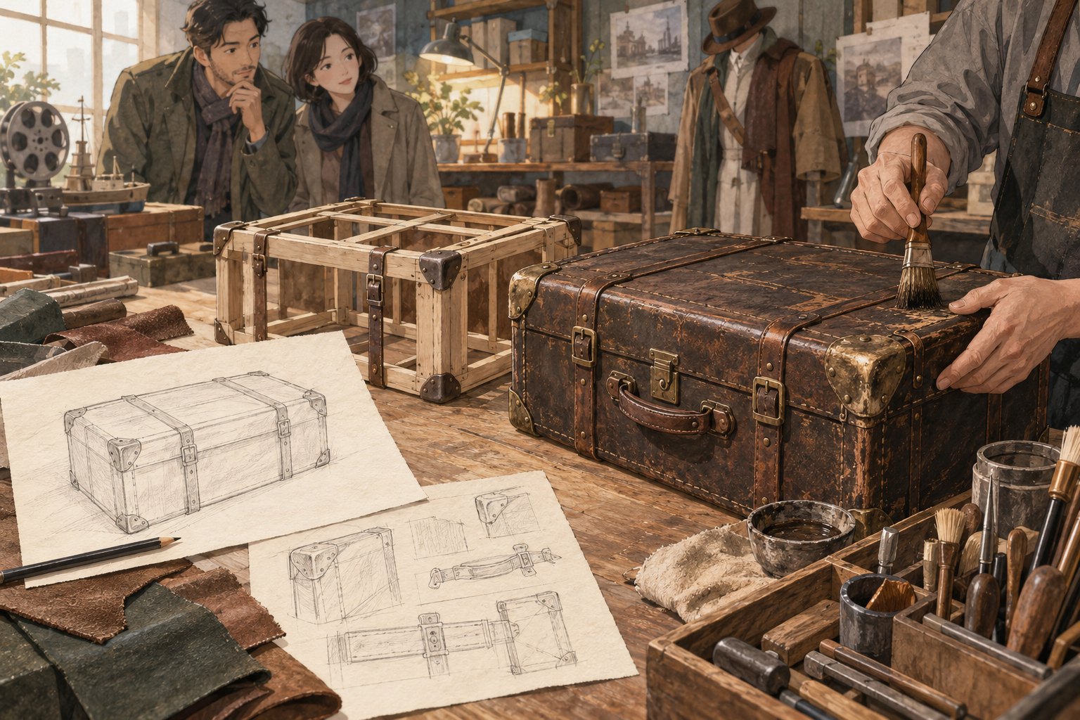 道具工作台上陈列旅行箱草图、半成品与做旧成品,参观者观察制作过程的概念插画