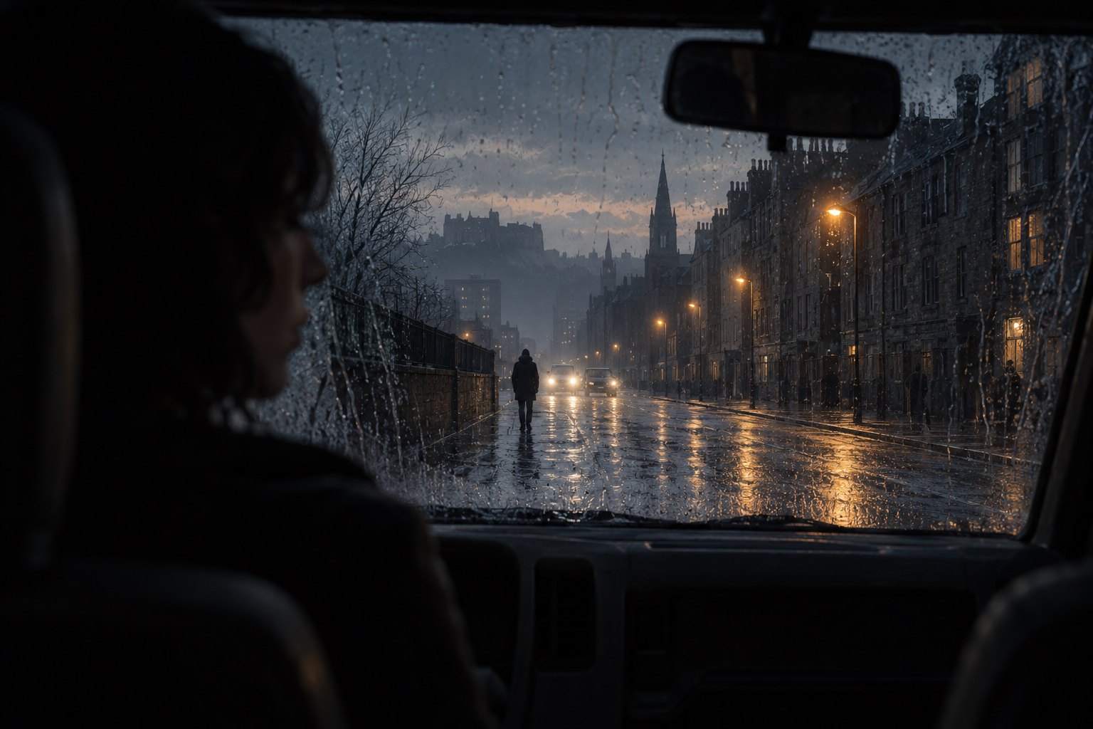 An atmospheric illustration of a dark-haired woman inside a van overlooking a rain-soaked Scottish street at dusk.