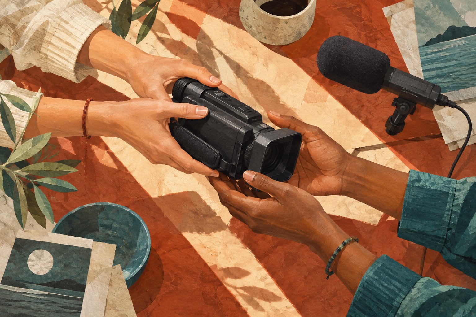 Conceptual illustration of two people passing a video camera across a sunlit table beside a microphone.