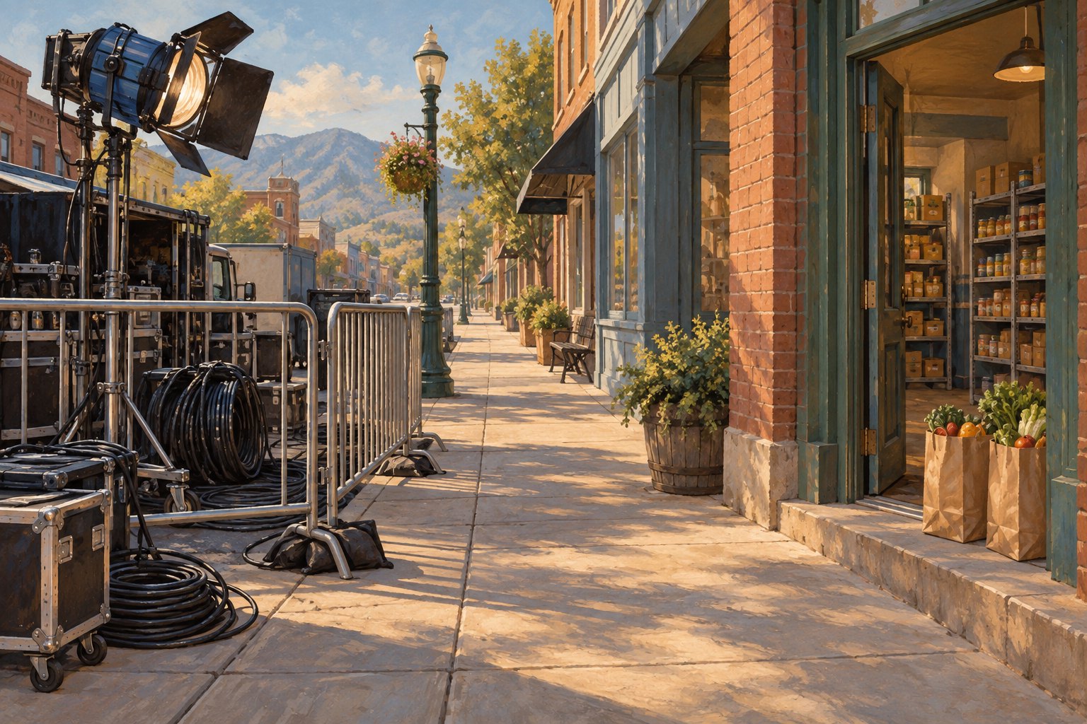 Conceptual illustration of film equipment behind a street barrier beside an open pantry doorway and grocery bags.